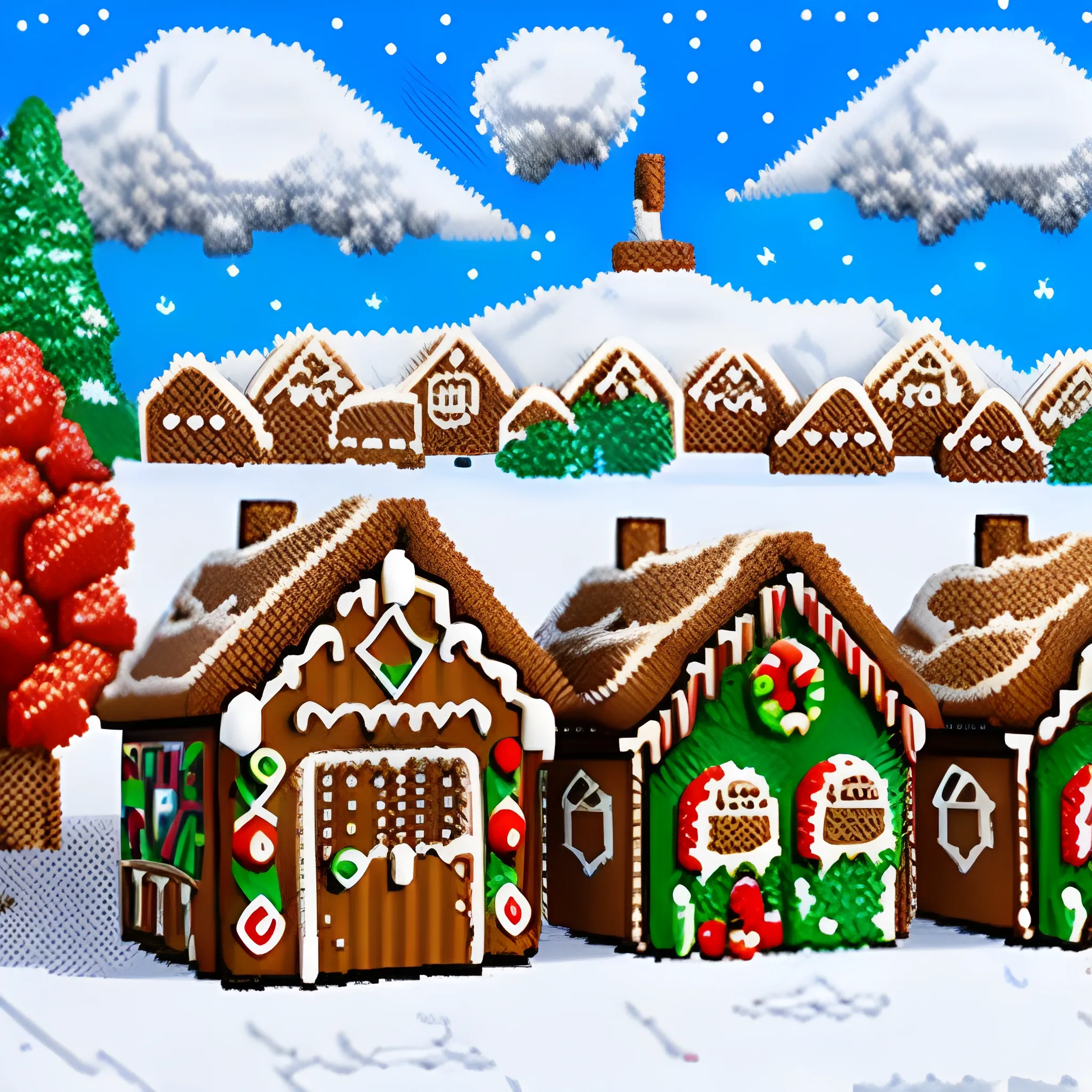 (Pixel-Art) Little huts made out of candy and gingerbread line the snowy hills, each with smoke curling from their chimneys and a little gingerbread man peeking out the window. ,(NSFW:0.5) , (high quality), (detailed), (masterpiece), (best quality), (highres), (extremely detailed), (8k)