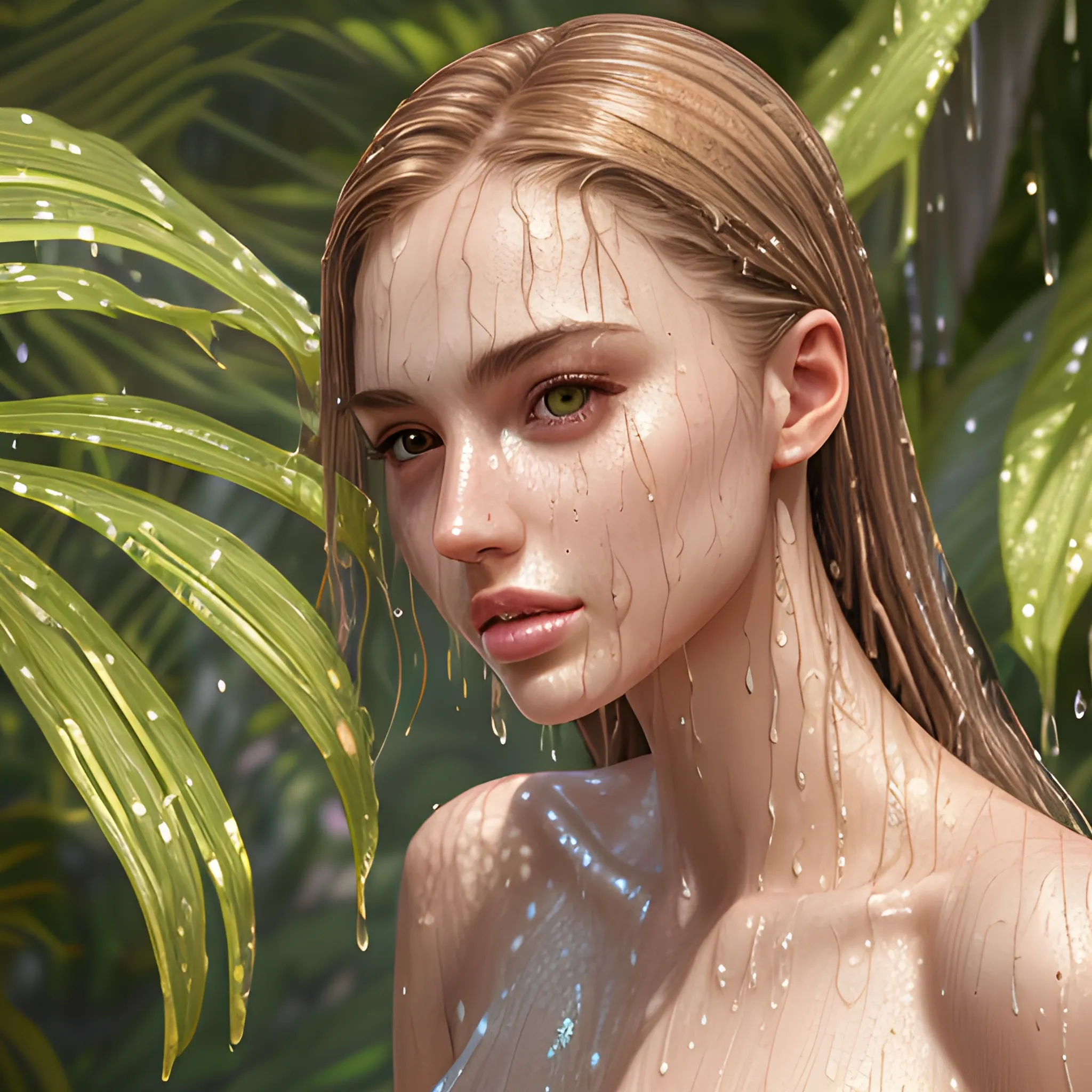 a beautiful 23 yo woman, Summer clothes, plants background, 8k, HDR, best quality, ultra-detailed, Intricate details, details lips, details hair, looking at viewer, shadow, Light reflection on the skin, wet skin, Masterpiece, skinny, natural lighting realistic,