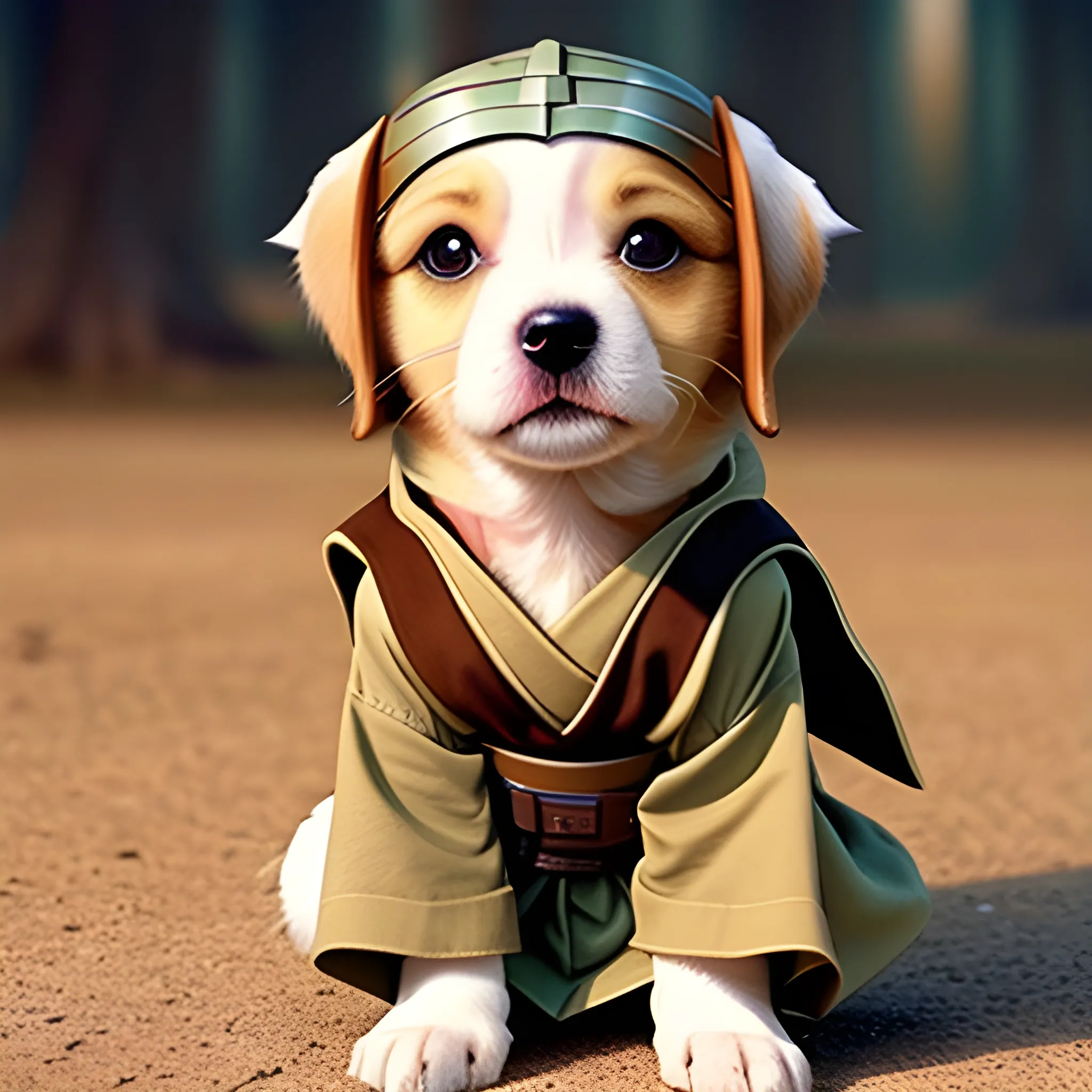 The cutest puppy in the world, dressed up as a jedi from Star Wars.  The puppy is preparing to fight a battle with the empire,8k