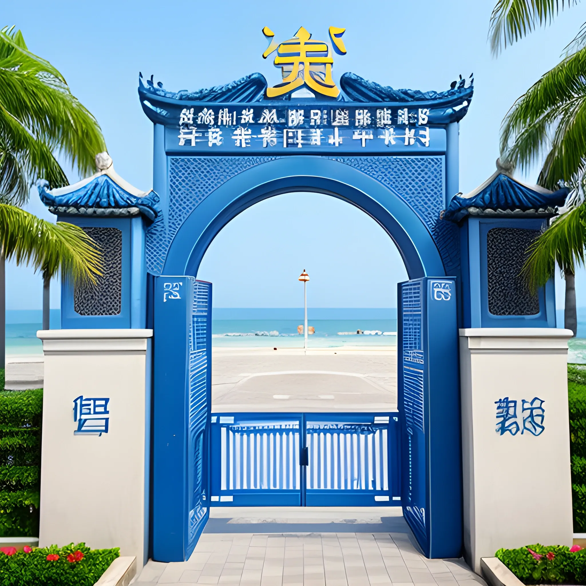 The gate of a university, reads Guangdong Ocean Universityvery big,more blue,8k,