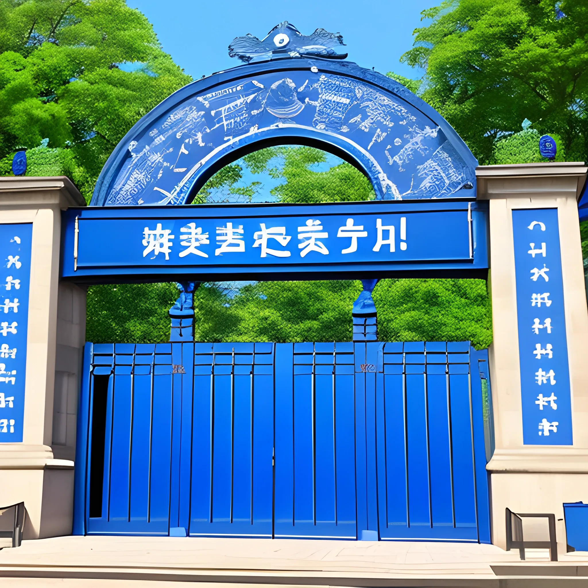 The big gate of a university, the big gate reads GDOU,very big,more blue,8k,