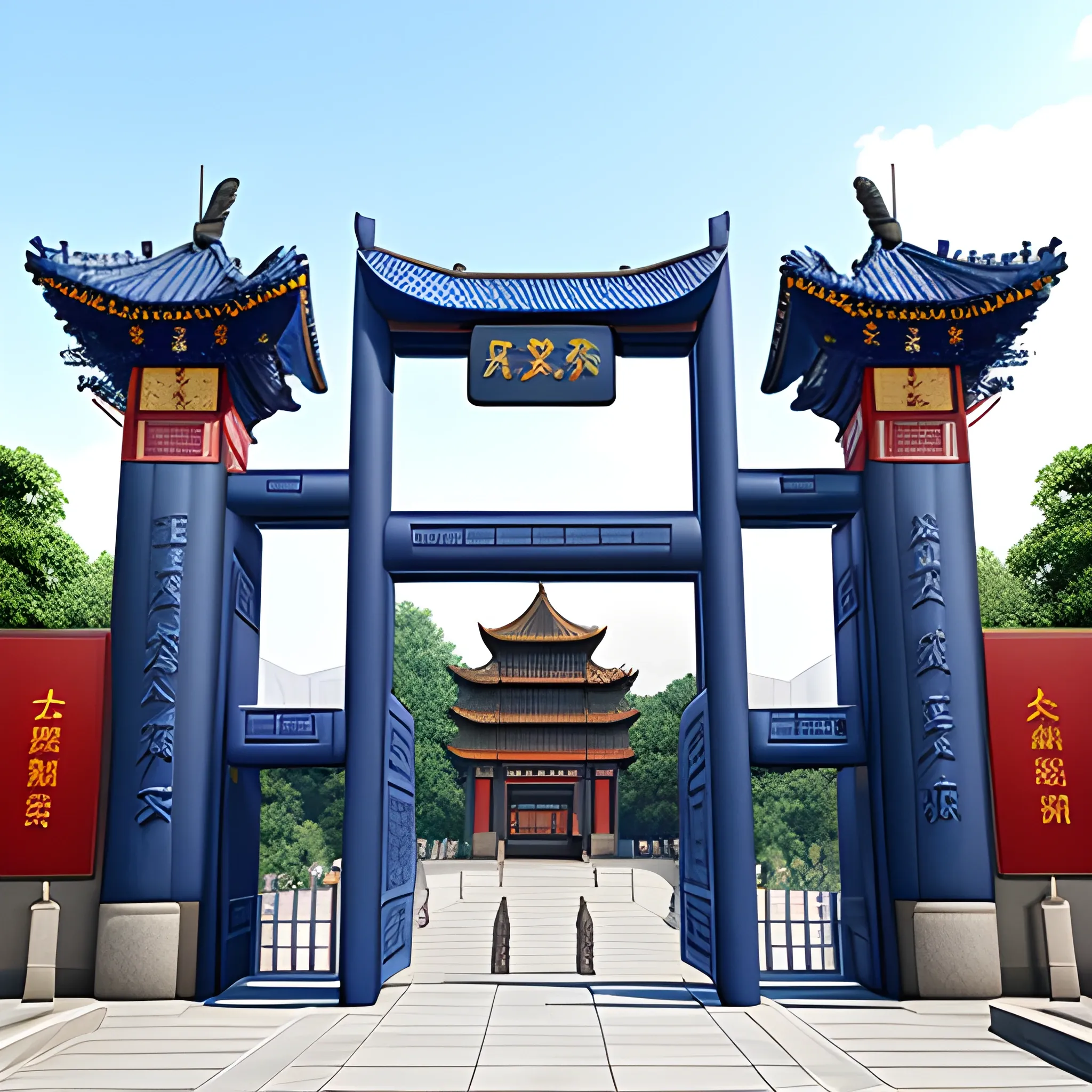 The big gate of a university, the big gate reads chinese name'GDOU',very big,more blue,8k,3D