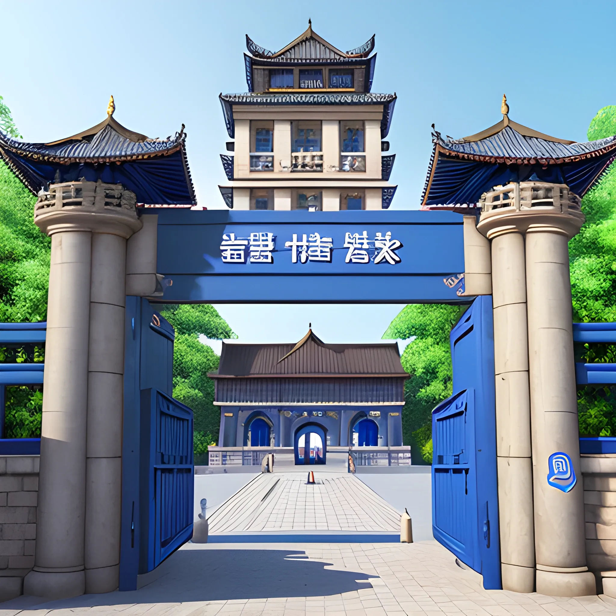 a big gate of a university, big gate reads english name is 'GDOU',very big,more blue,8k,3D