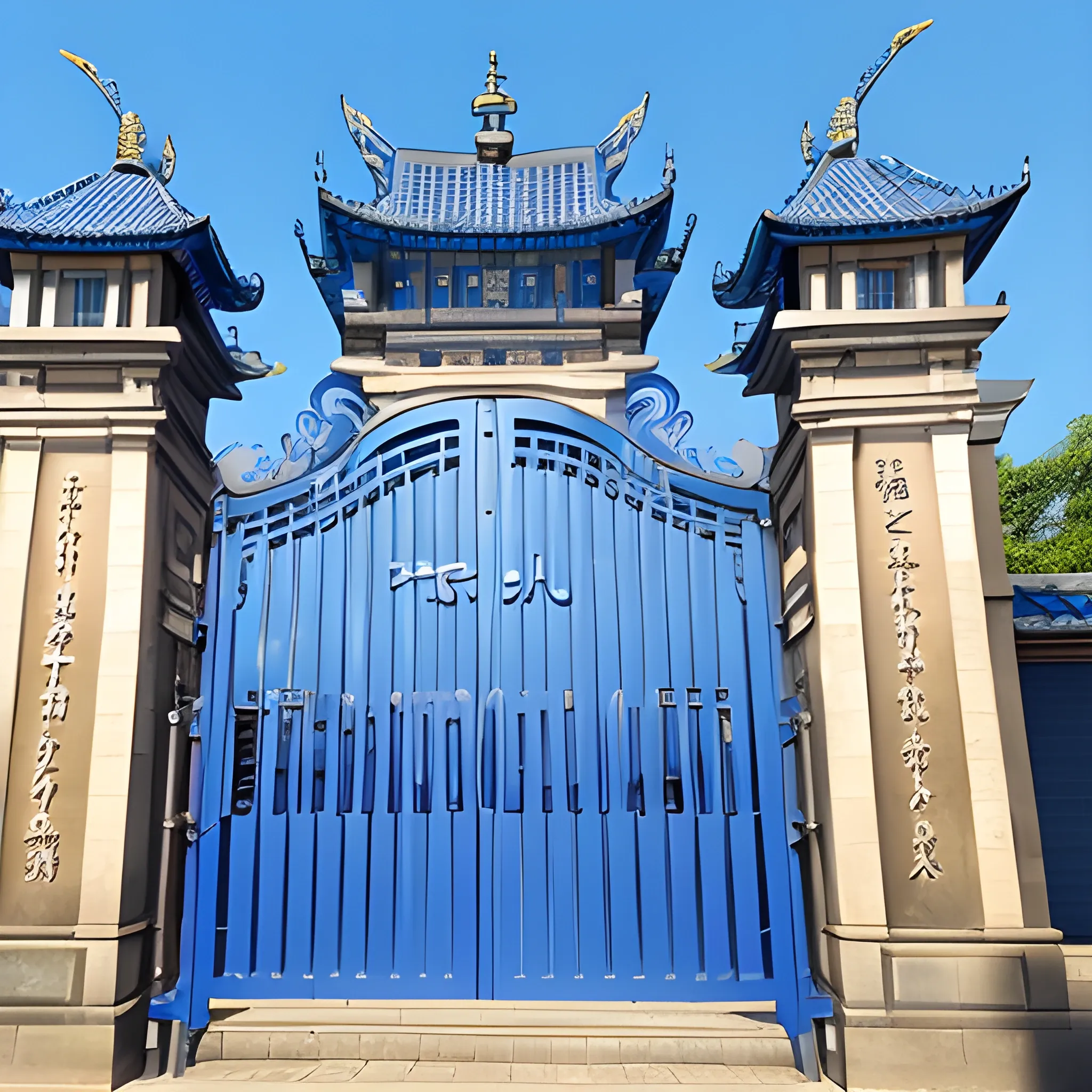 a big gate of a university, big gate reads english name is 'GDOU',very big,more blue,8k,3D,have a card,card is GDOU