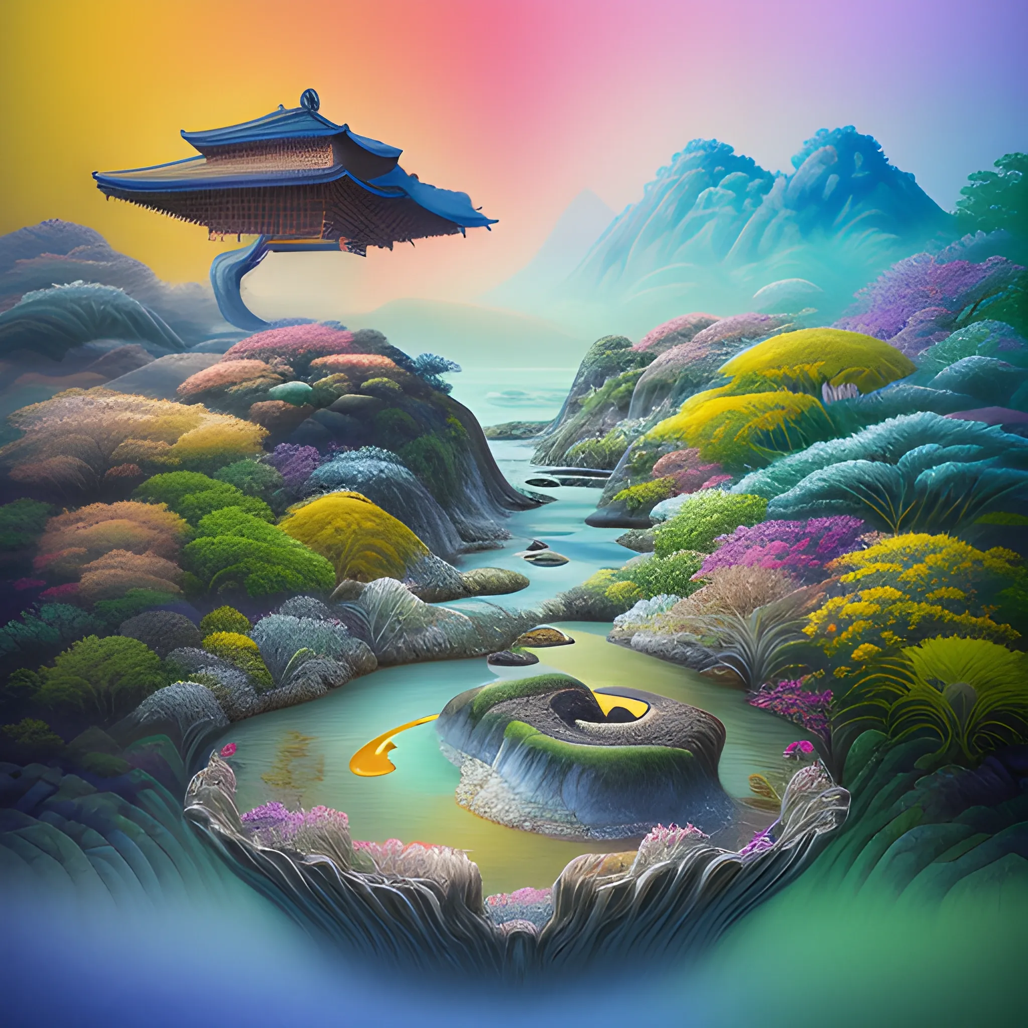 (by Ananta Mandal (and Andrew Biraj:0.5)), (in the style of nihonga), Style: Abstract, Medium: Digital illustration, Subject: A Guanshiyin Pusa in the middle of picture, An otherworldly landscape with floating islands, cascading waterfalls, and vibrant flora and fauna. Camera Angle: Overhead shot capturing the vastness and intricate details of the scene. The colors are saturated, and the lighting creates a warm and ethereal atmosphere. The painting is highly detailed, with every brushstroke capturing the complexity of the imaginary world., (high quality), (detailed), (masterpiece), (best quality), (highres), (extremely detailed), (8k), seed:792315689, Pencil Sketch, Water Color