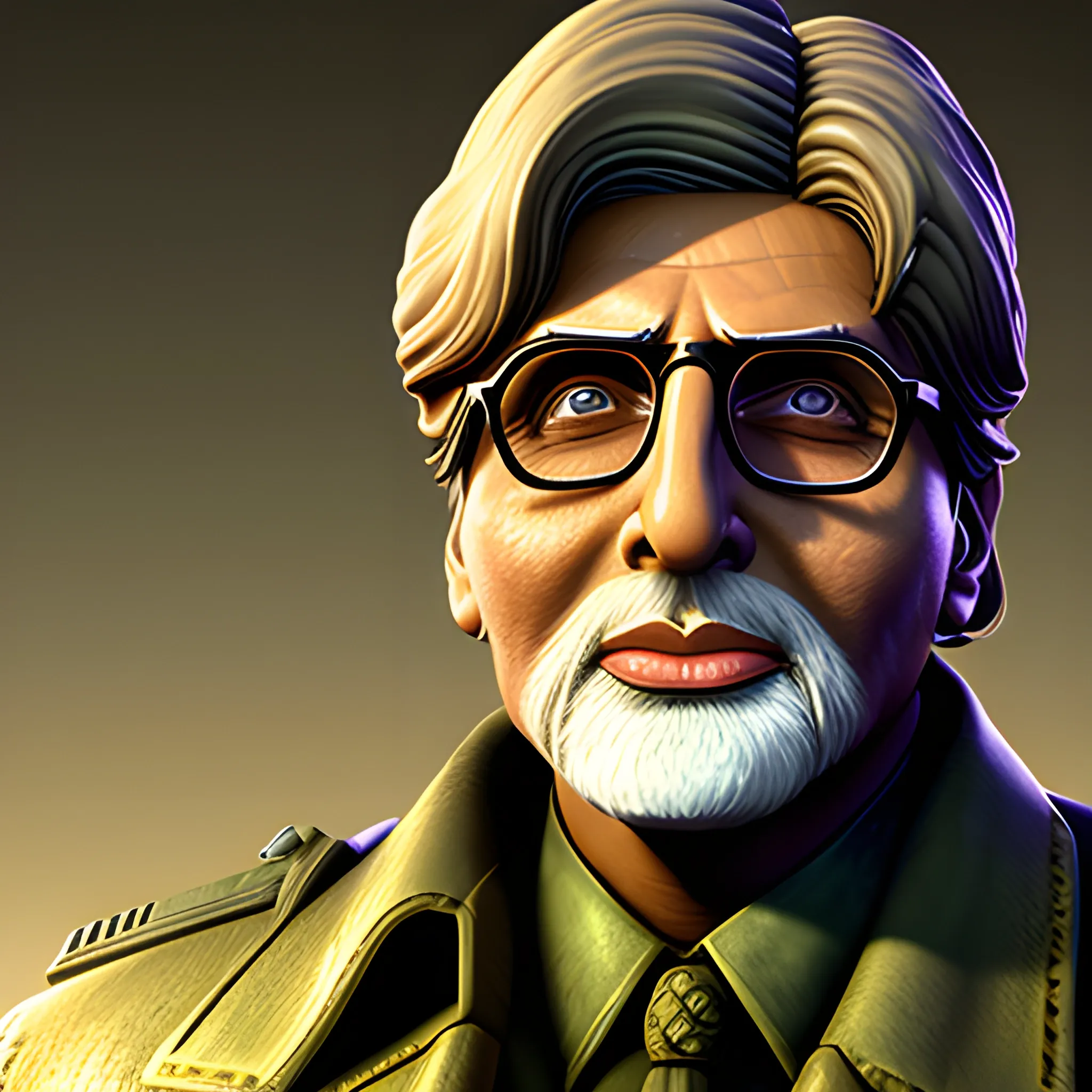 In the style of Fallout 1, Masterpiece, 3D render, portrait, amitabh bachchan