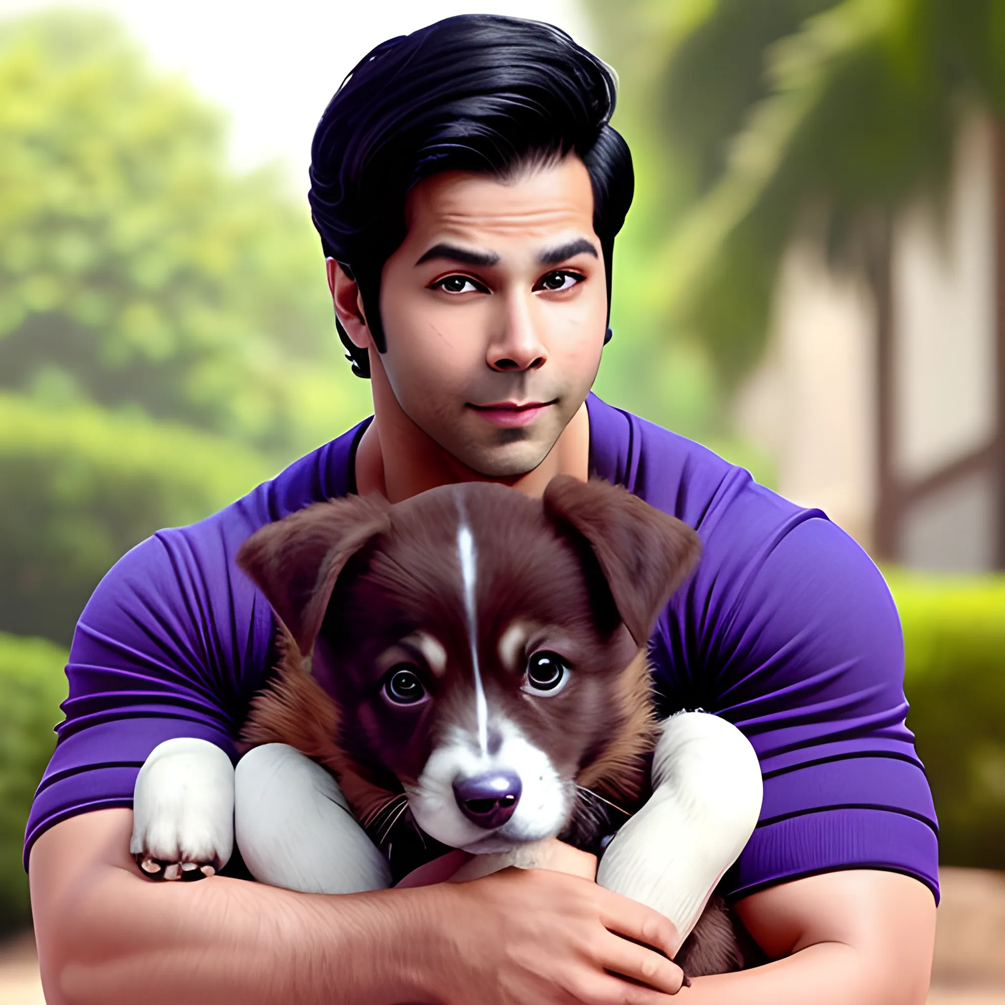 varun dhawan, aladin, happy, positive attitude, big soulful violet eyes, brown eyes and brown hair, walking a puppy