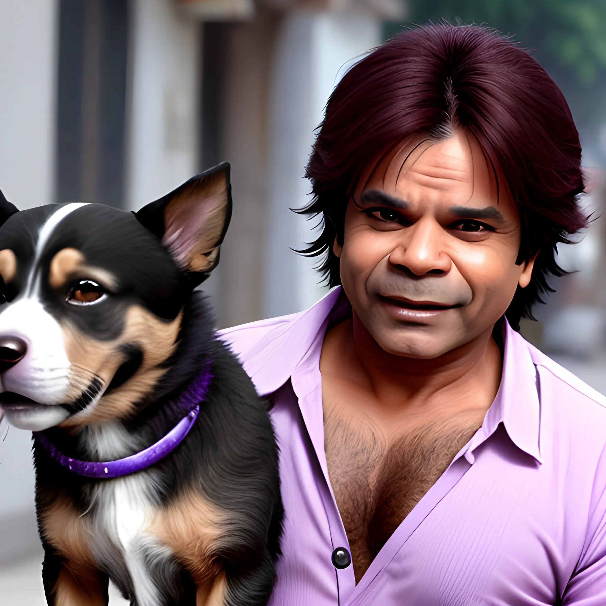 rajpal yadav, aladin, happy, positive attitude, big soulful violet eyes, brown eyes and brown hair, walking a puppy