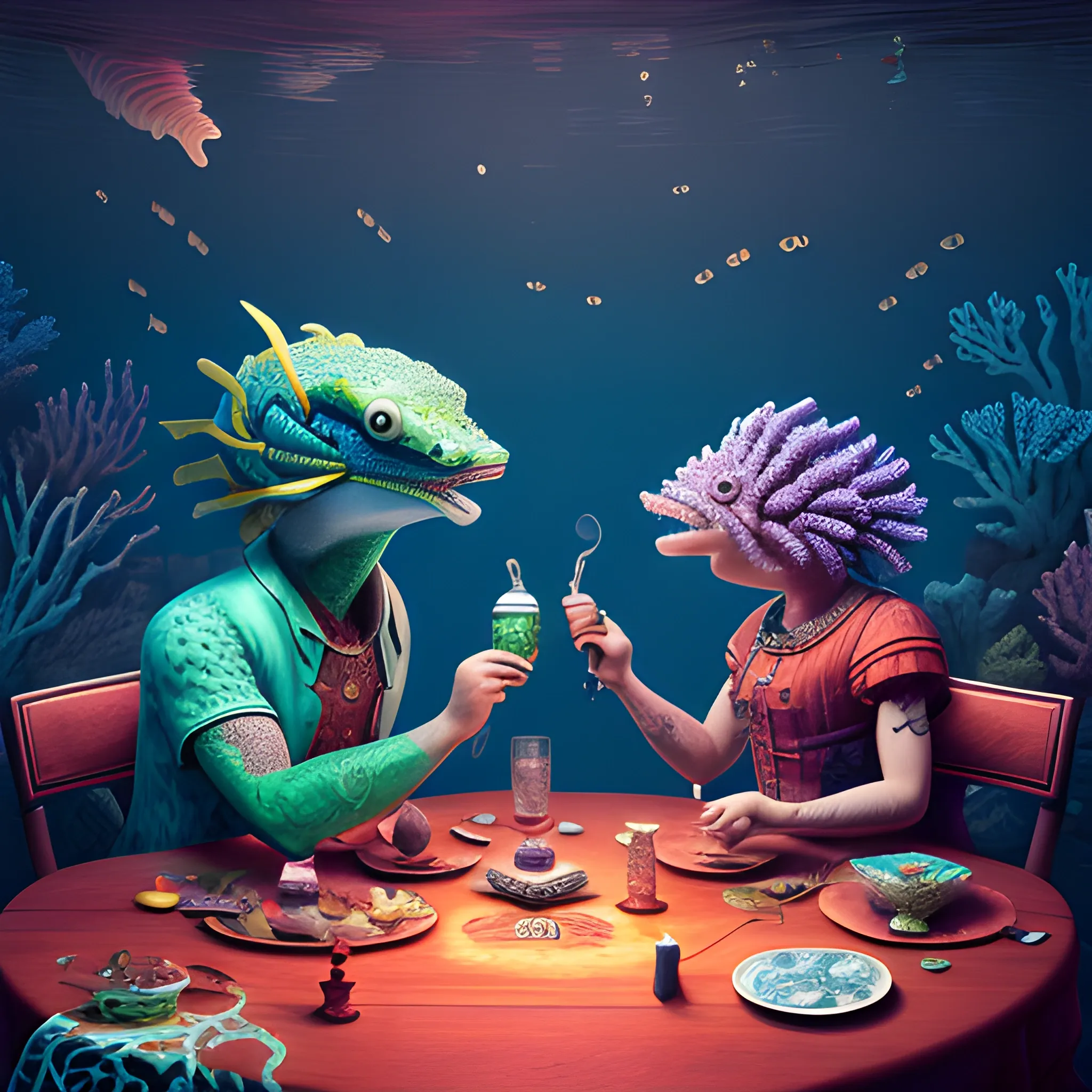 illustration of two big fantastic fish with intricate details sitting at the table on the chairs, smoking pipes, drinking vodka Absolut, eating warms, fireflies, under the see, corals, seaweeds, background, blue, green red purple colors, octane render, unreal engine