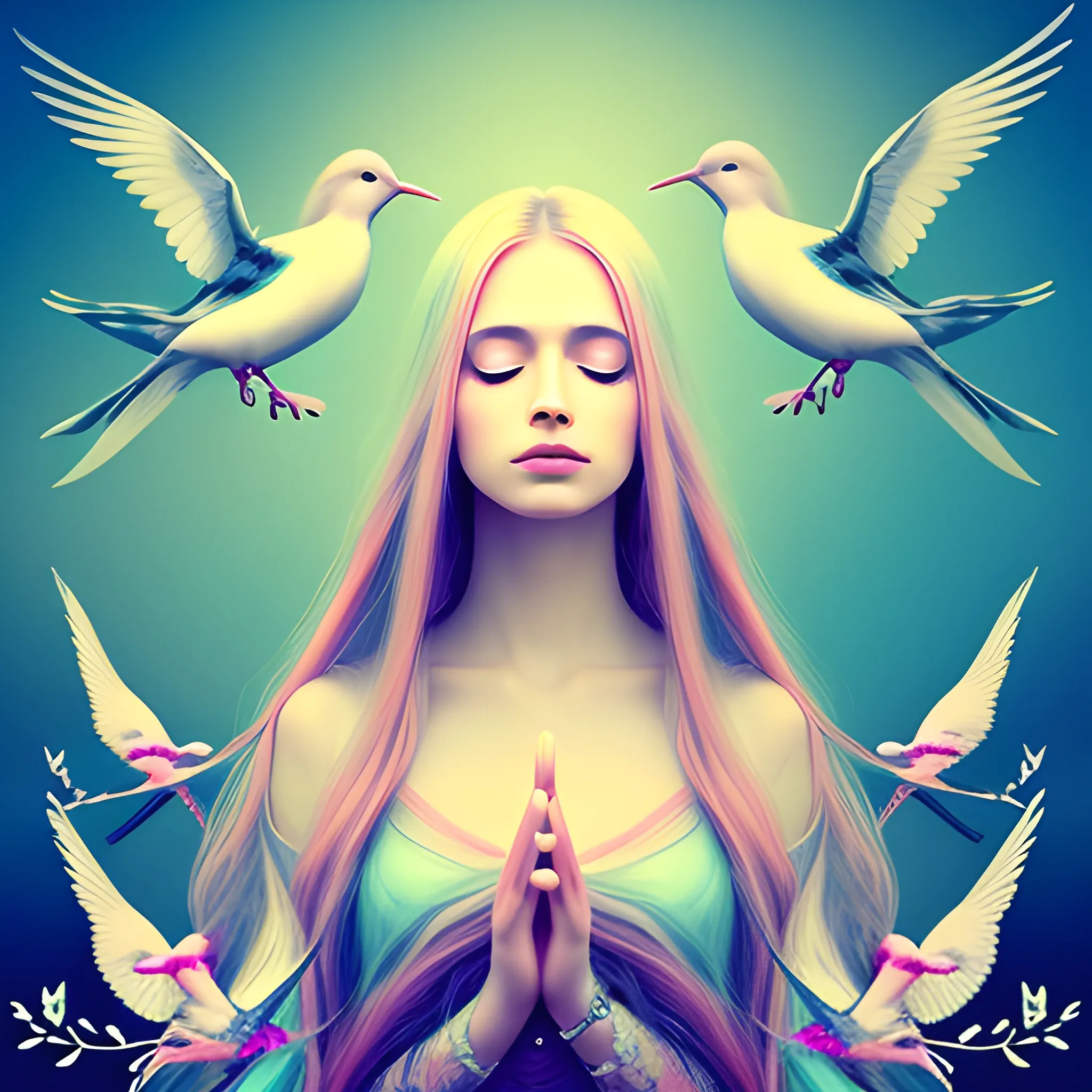 beautiful woman, peace, innocence, serenity, long hair, birds, surreal, pastel colors, high definition, stunning graphics