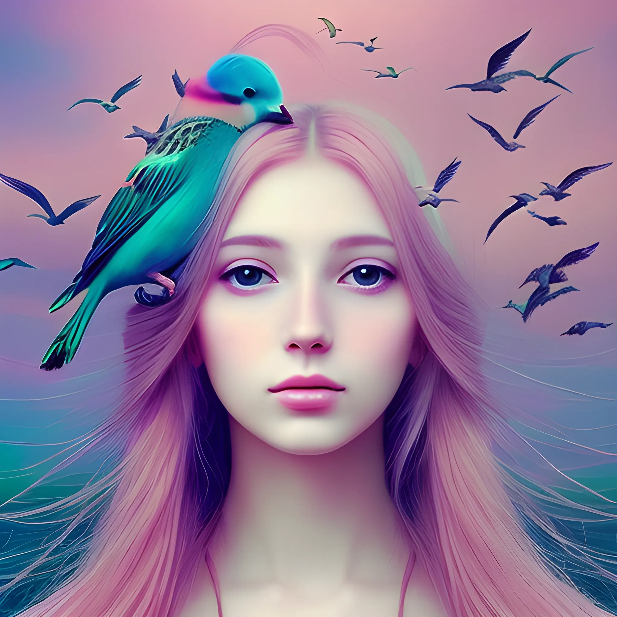 beautiful woman, peace, innocence, serenity, long hair, birds, surreal, pastel colors, high definition, stunning graphics