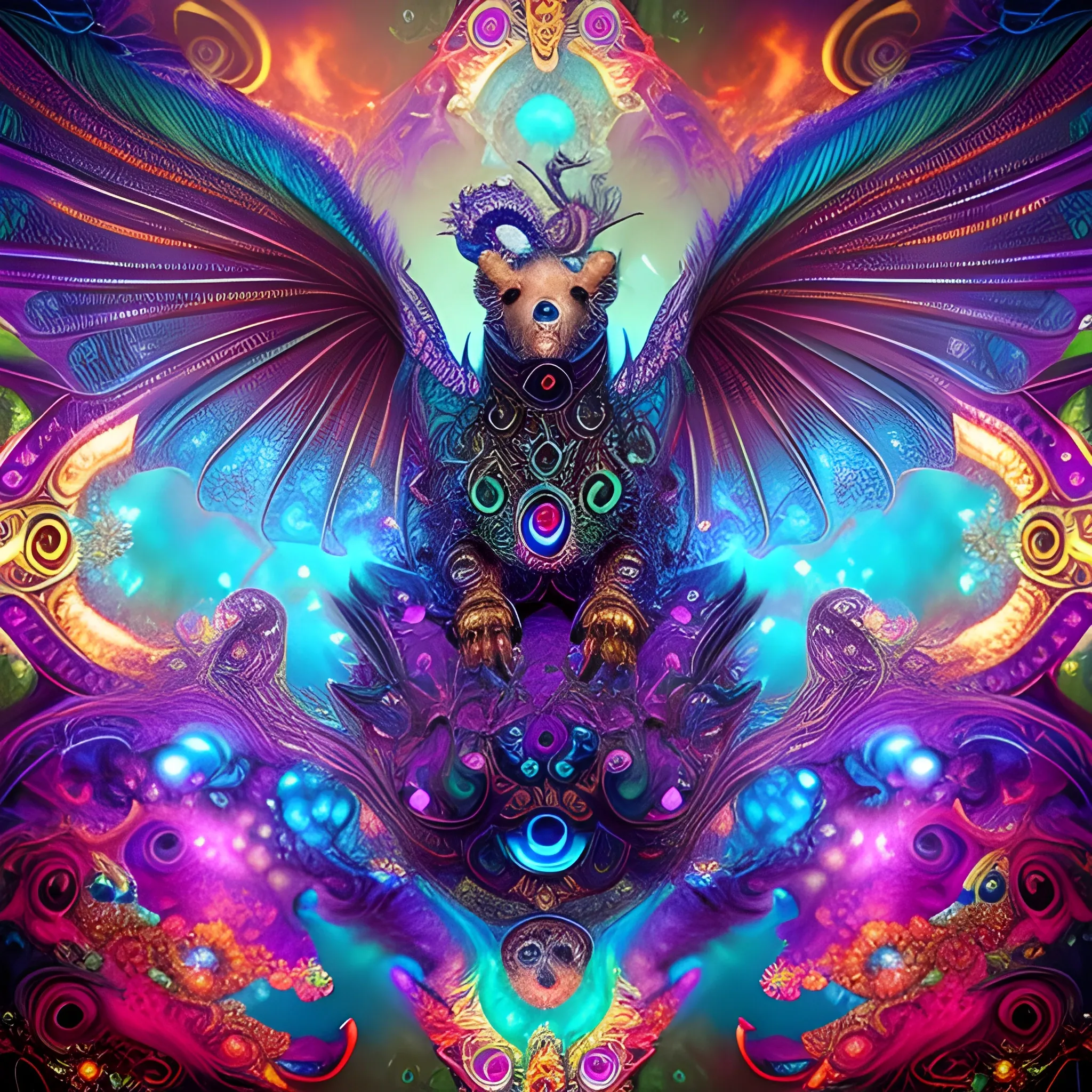 dragon bear, fire psychedelic, cute eyes, dragon wings, bear claws, peacock feathers, filigree laser fractal details, glistening shiny scales, intricate ornate hypermaximalist sharp focus, dramatic lighting, highly detailed and intricate, hyper maximalist, ornate, photographic style, luxury, elite, haunting matte painting, cinematic