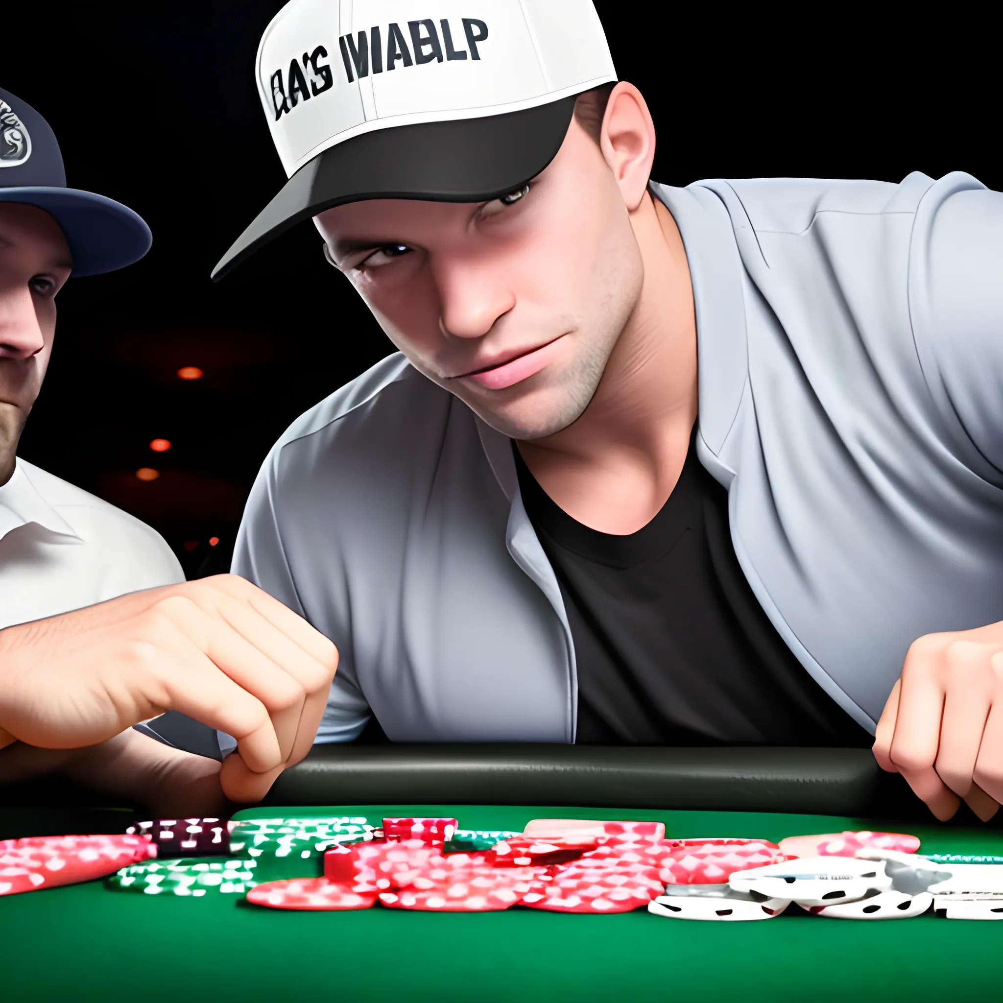 upper class wrestling fan wearing a baseball hat at a poker table