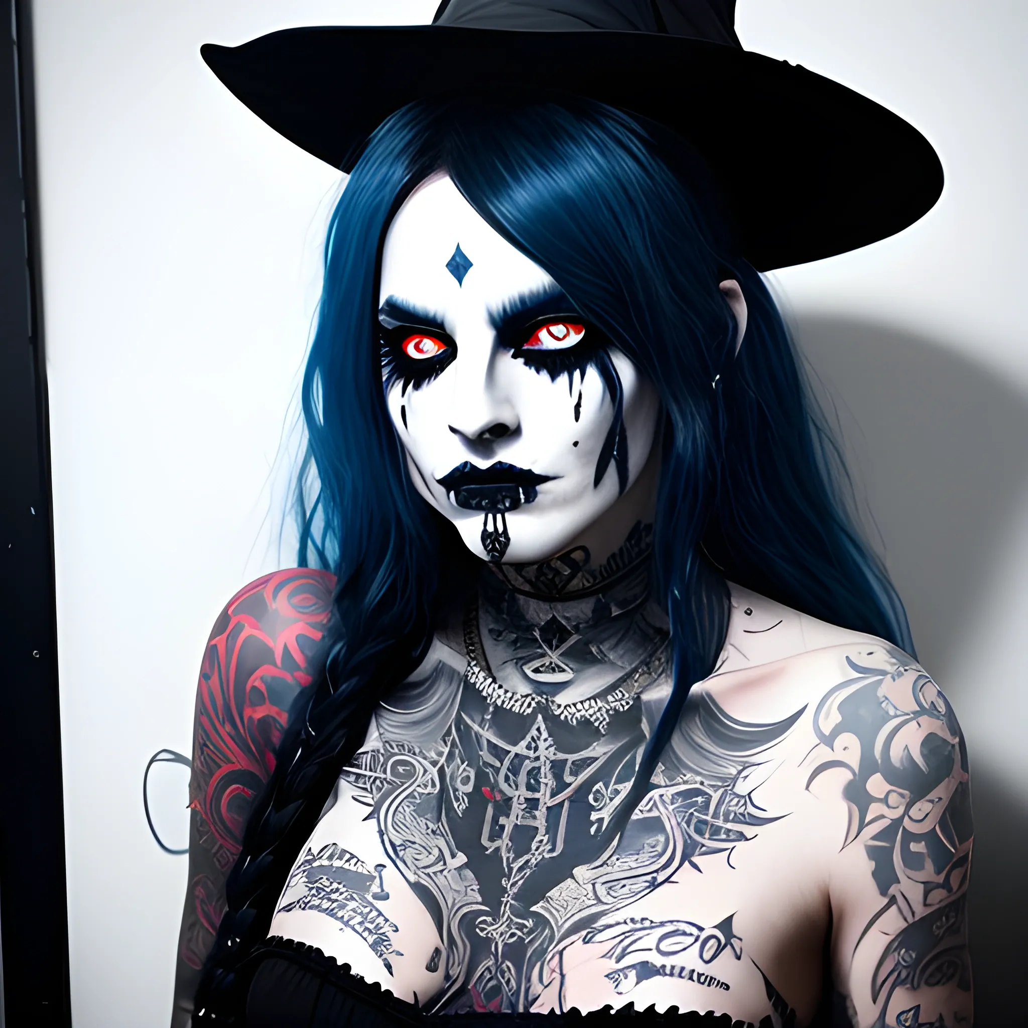 Satanic Demon witch black eyes, blues hair,  tattoo face, Músic trap, bogota