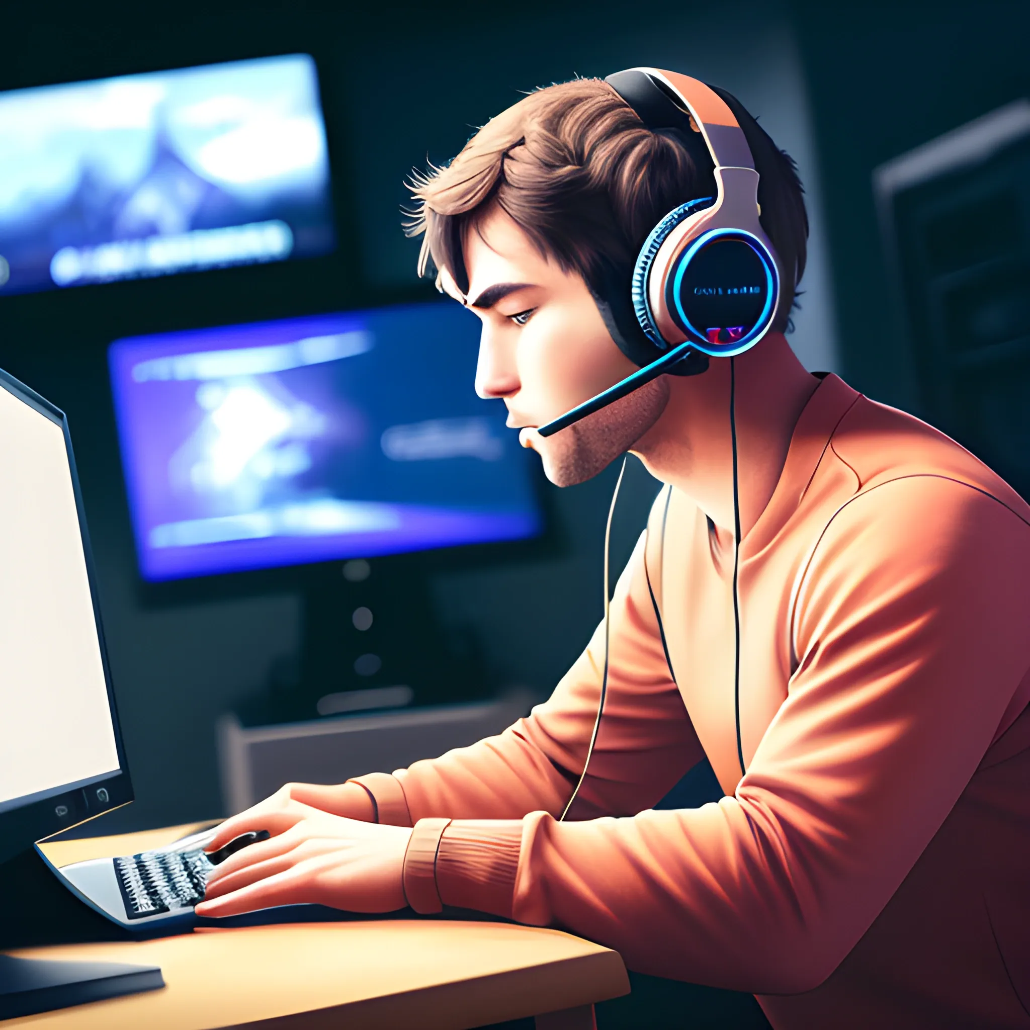 player at the computer with headphones, 4k, high quality, incredibly detailed