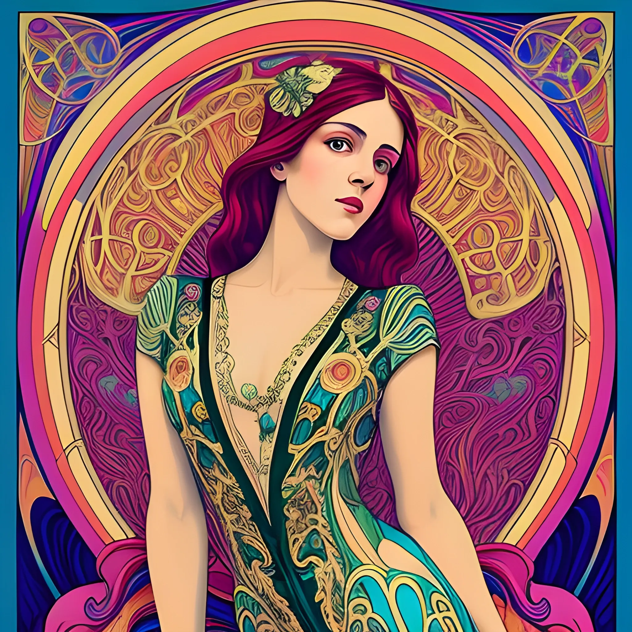 Art Nouveau painting, true aesthetics, stylish fashion shot of a beautiful woman posing in front of a psychedelic art nouveau style. Highly detailed, highest quality