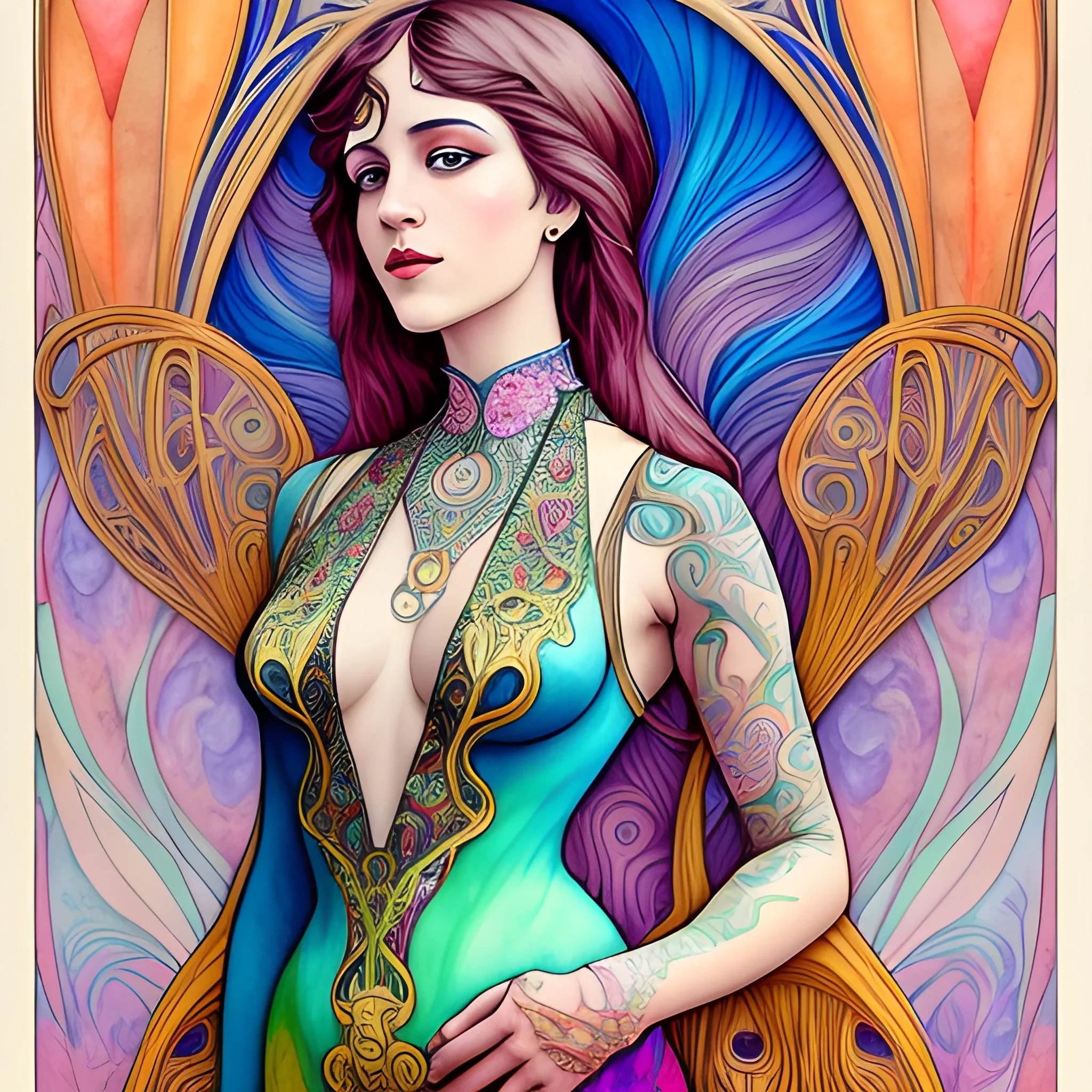 Art Nouveau painting, true aesthetics, stylish fashion shot of a beautiful woman posing in front of a psychedelic art nouveau style. Highly detailed, highest quality, Water Color, 3D,