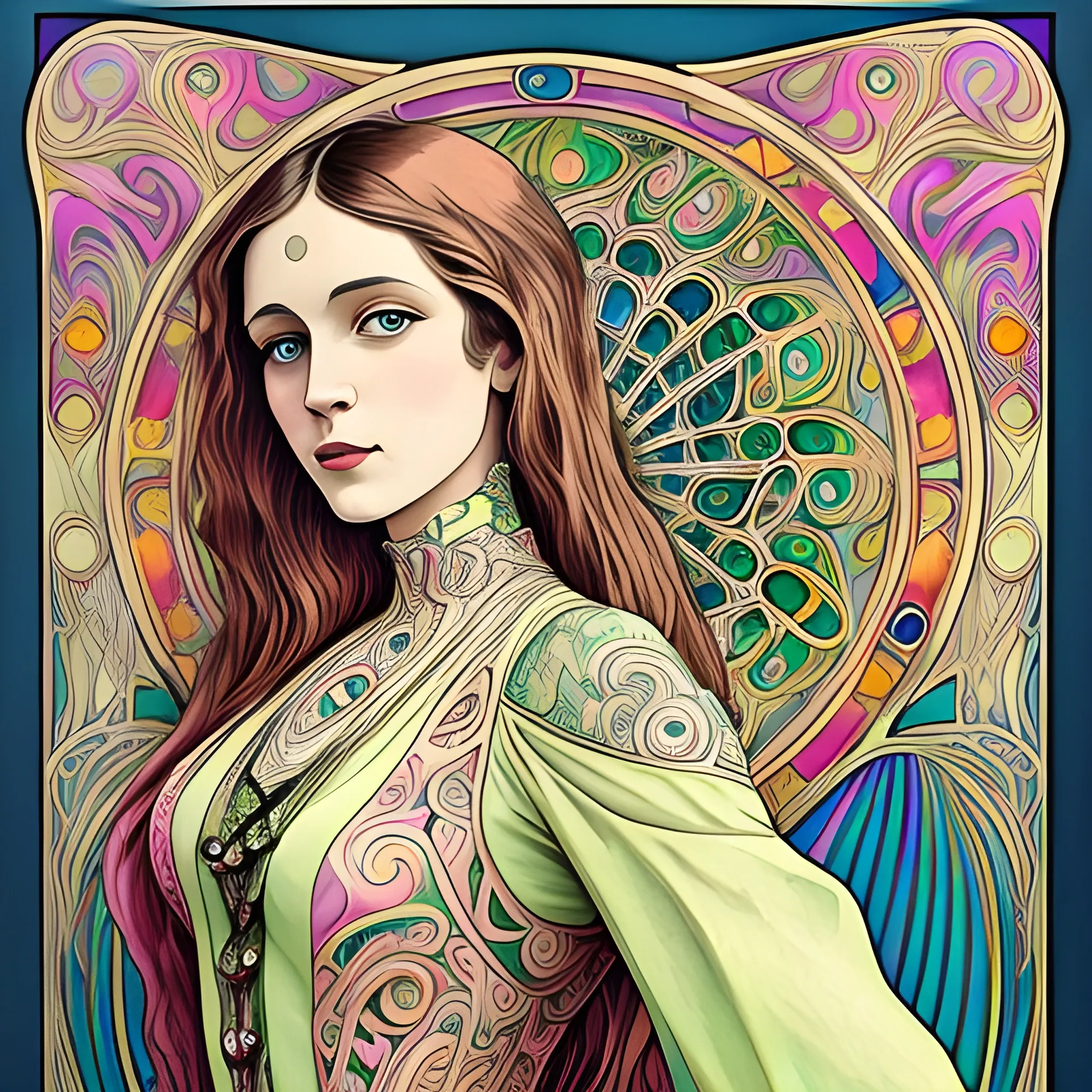 Art Nouveau painting, true aesthetics, stylish fashion shot of a beautiful woman posing in front of a psychedelic art nouveau style. Highly detailed, highest quality, Water Color