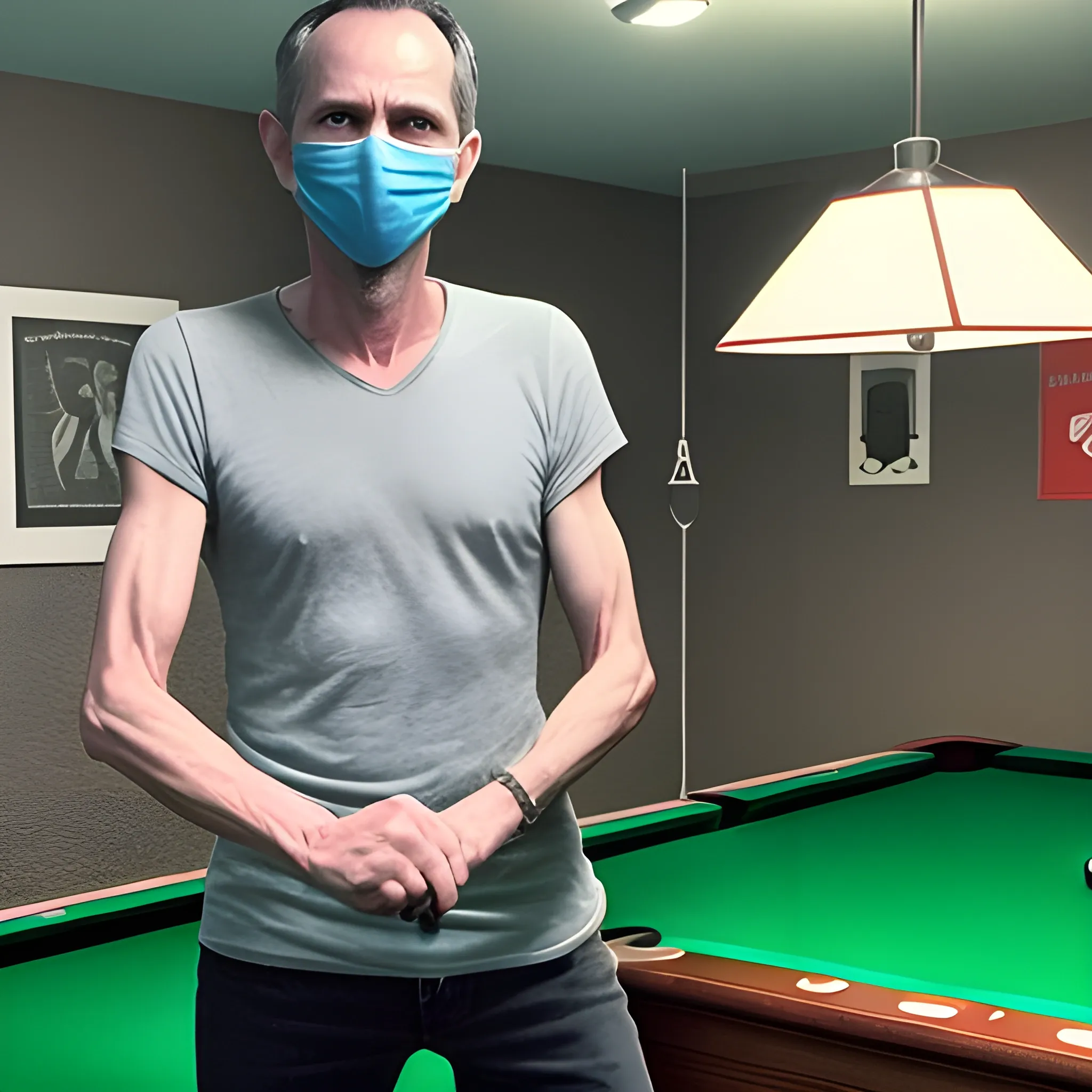 skinny man in his 40s who likes to play pool in his basement. always wears a face mask, is very liberal. include a garden rake in the picture