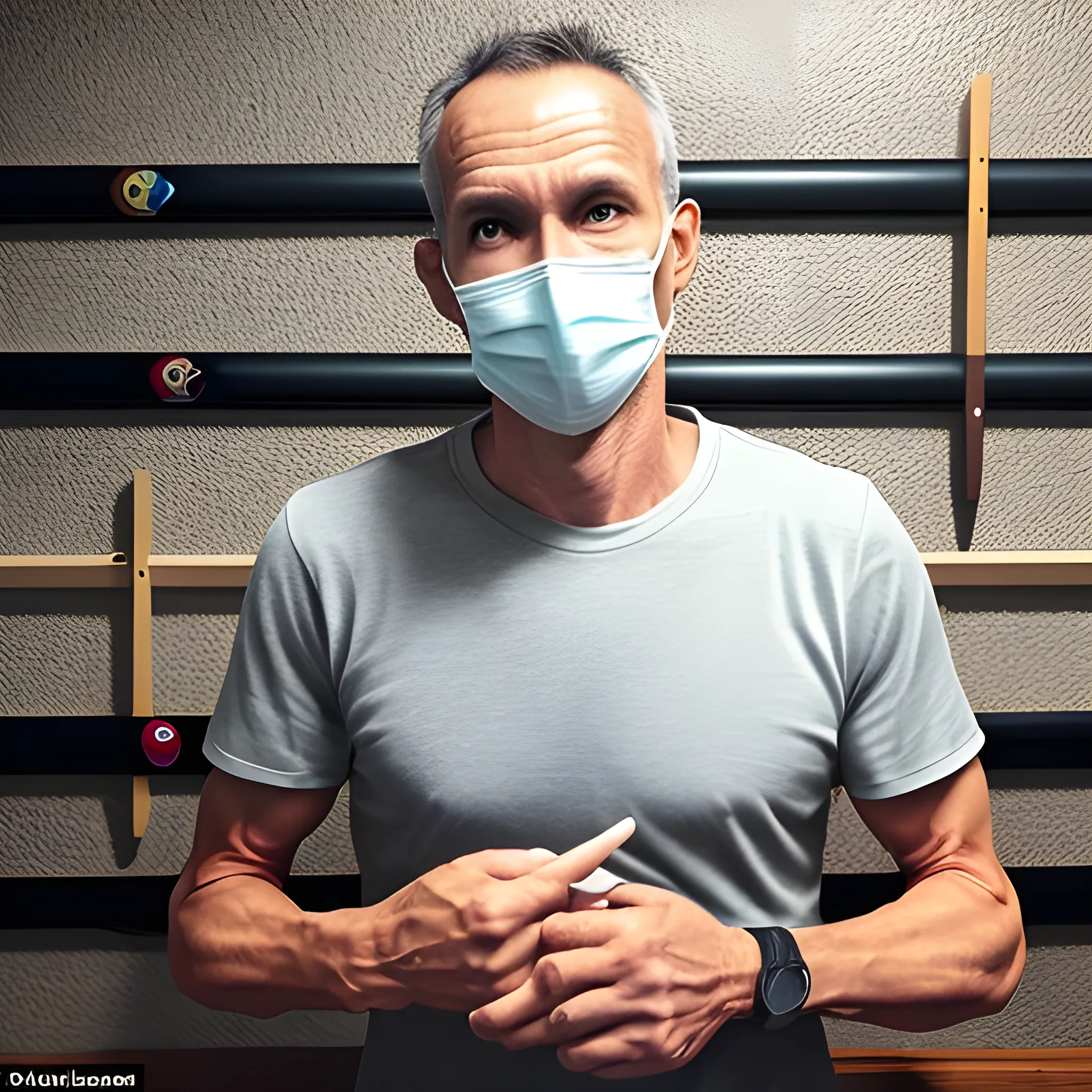 skinny man with no muscles in his 40s who likes to play pool in his basement. always wears a face mask, is very liberal. include a garden rake propped up against the wall