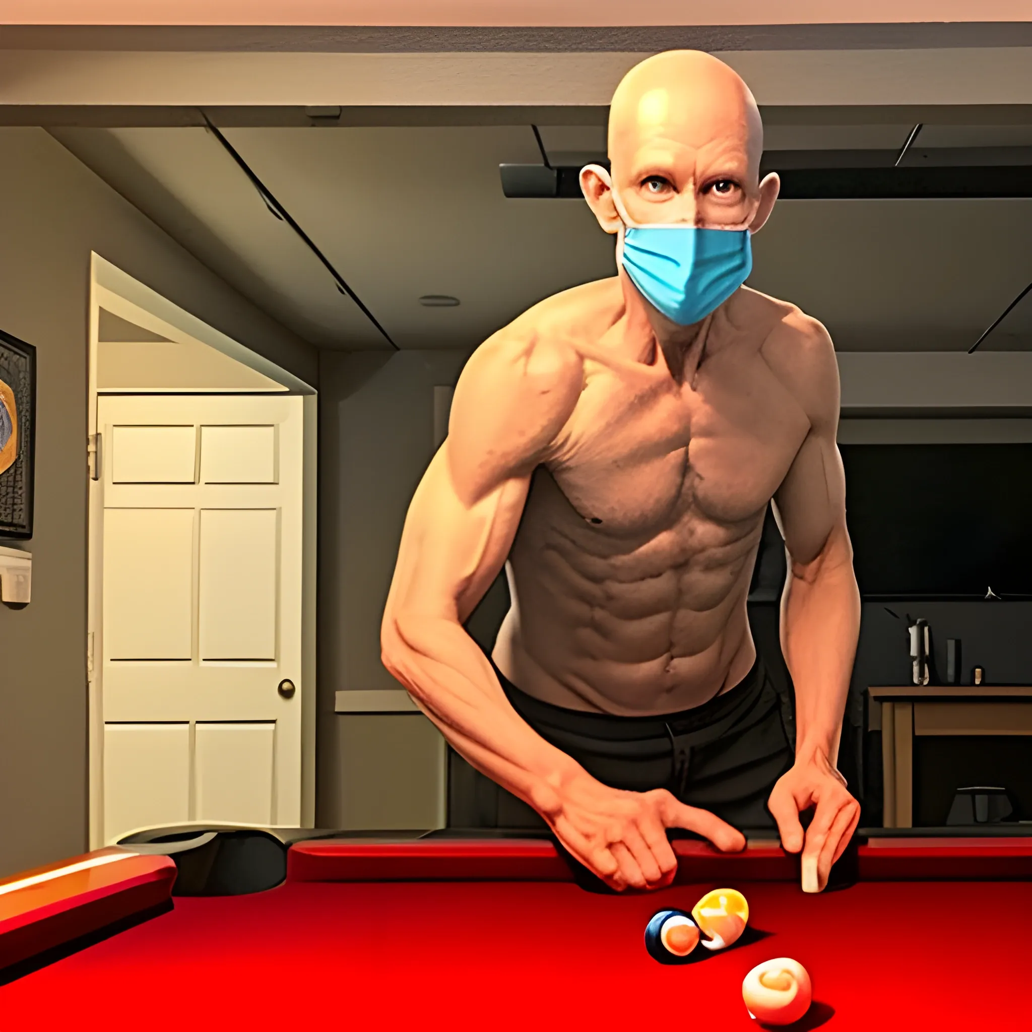 skinny man with no muscles in his 40s playing pool in his basement wearing a face mask. Include a garden rake propped up against the basement wall and a framed photo of an egg salad sandwich on the wall