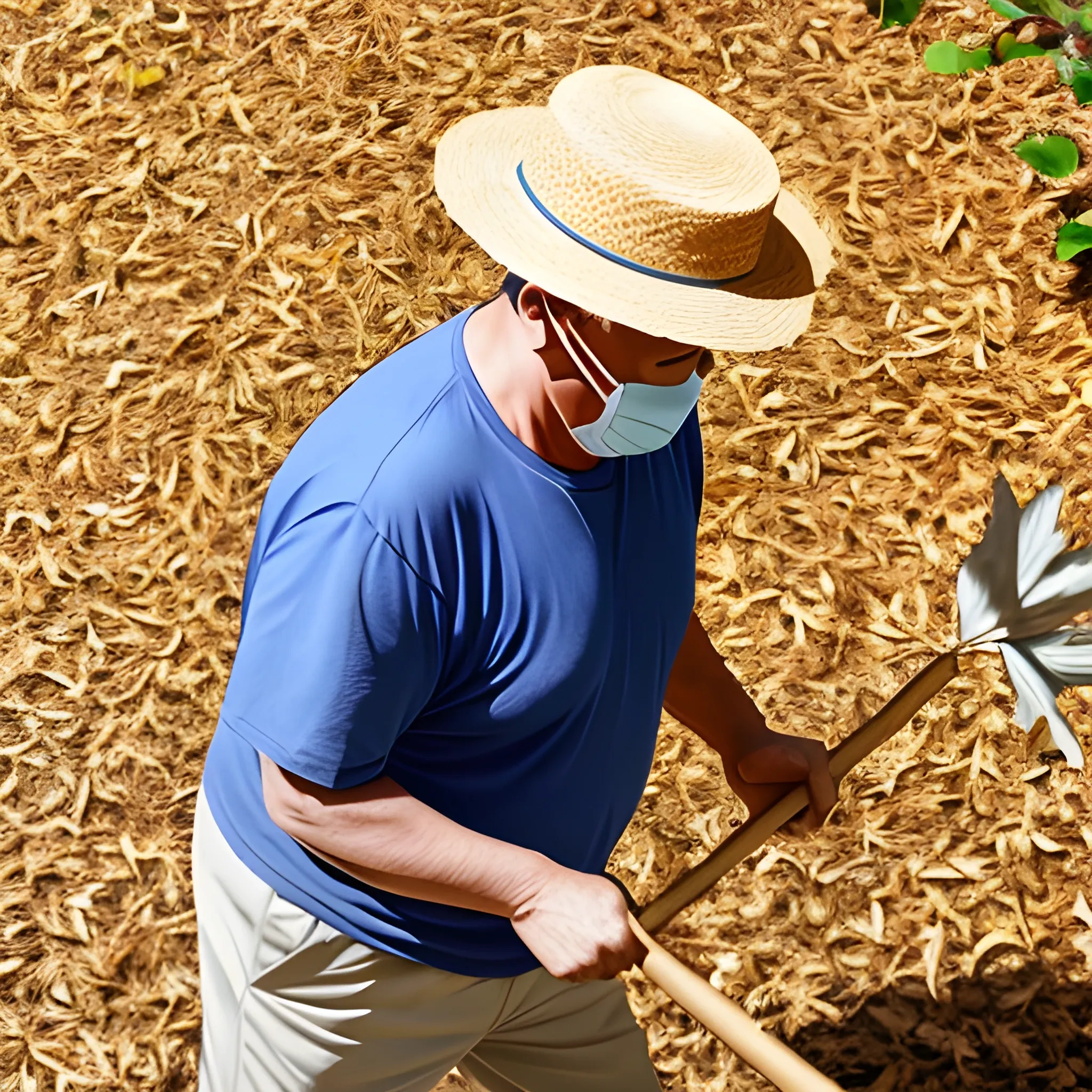 skinny-fat man in his 40s raking leaves while wearing a facemask and a straw hat. 