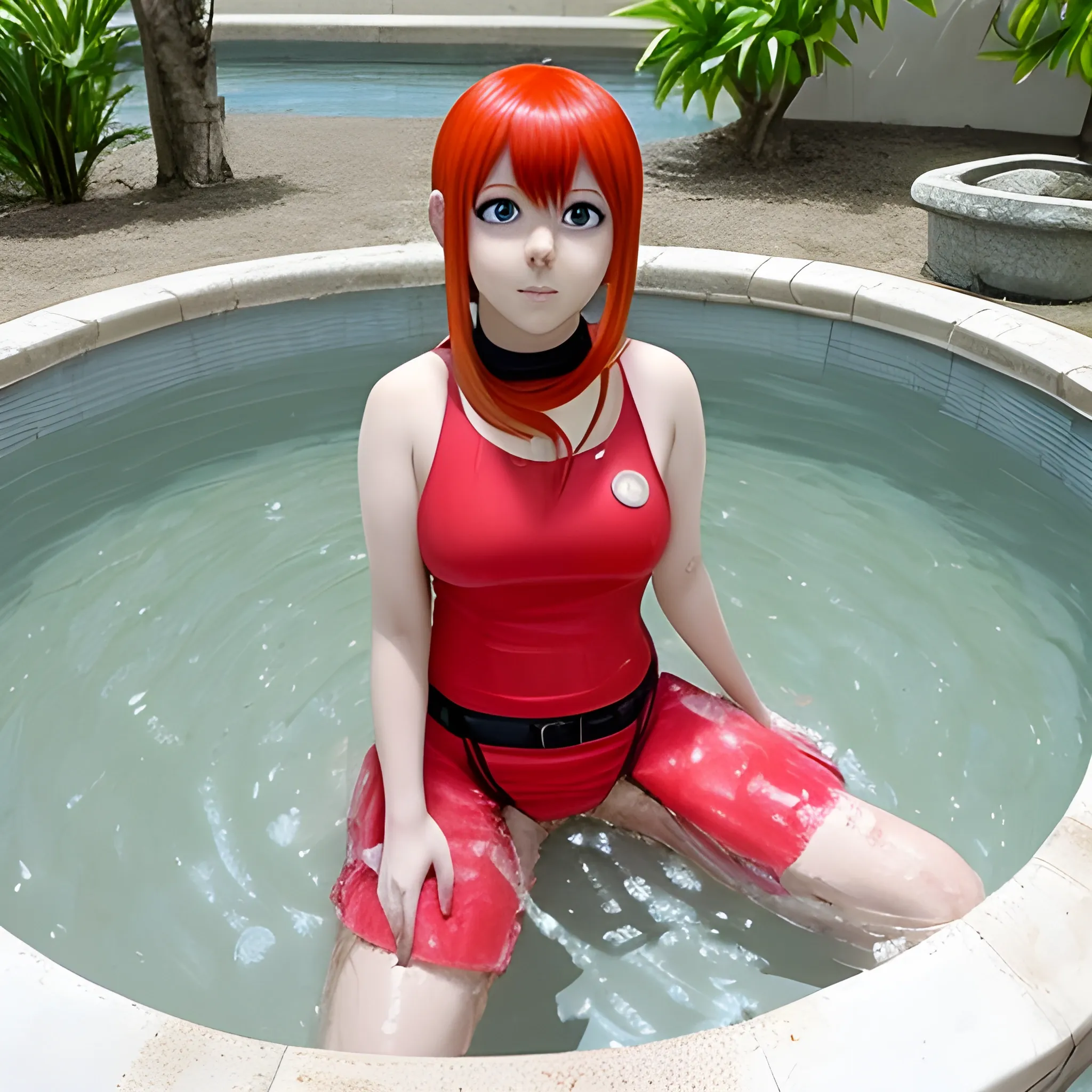 Hinata del anime, usando un traje de baño rojo
