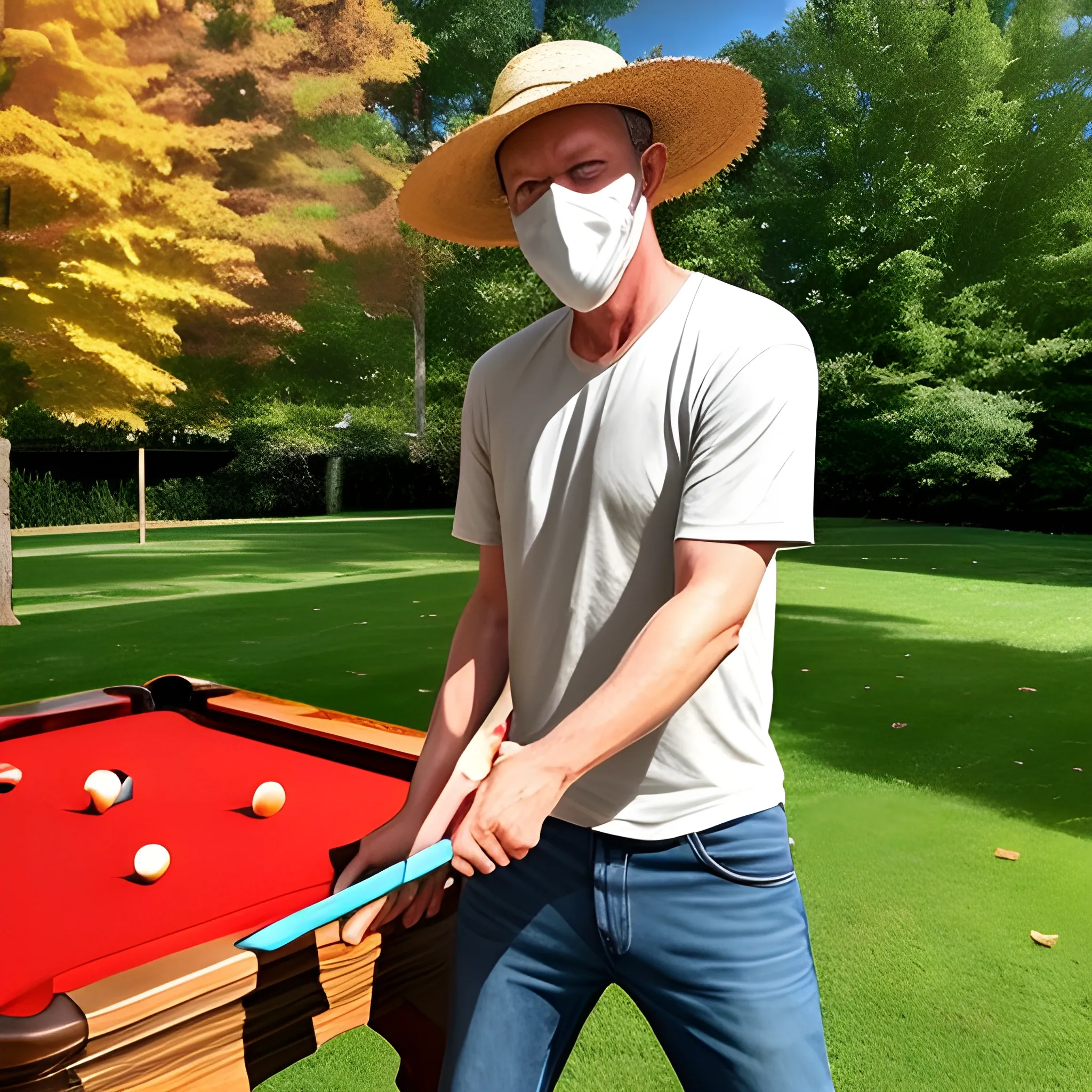 40 year old skinny man raking leaves while wearing a facemask and a straw hat. also likes to play pool and simp to german women. is very liberal