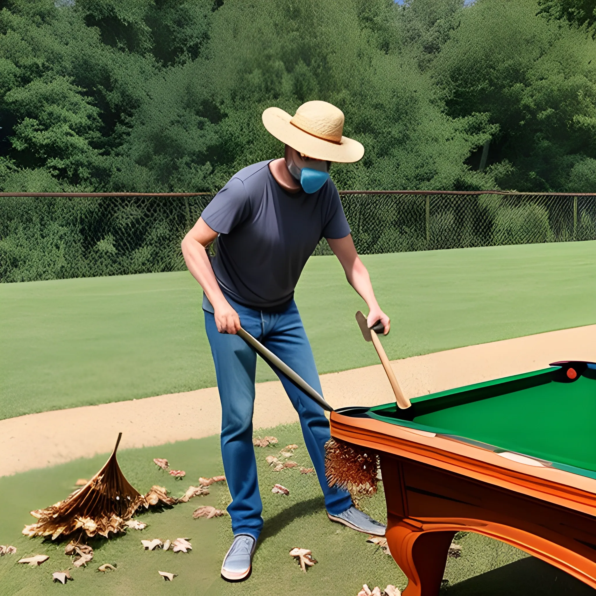 40 year old skinny man raking leaves while wearing a facemask and a straw hat. also likes to play pool and simp to german women. is very liberal