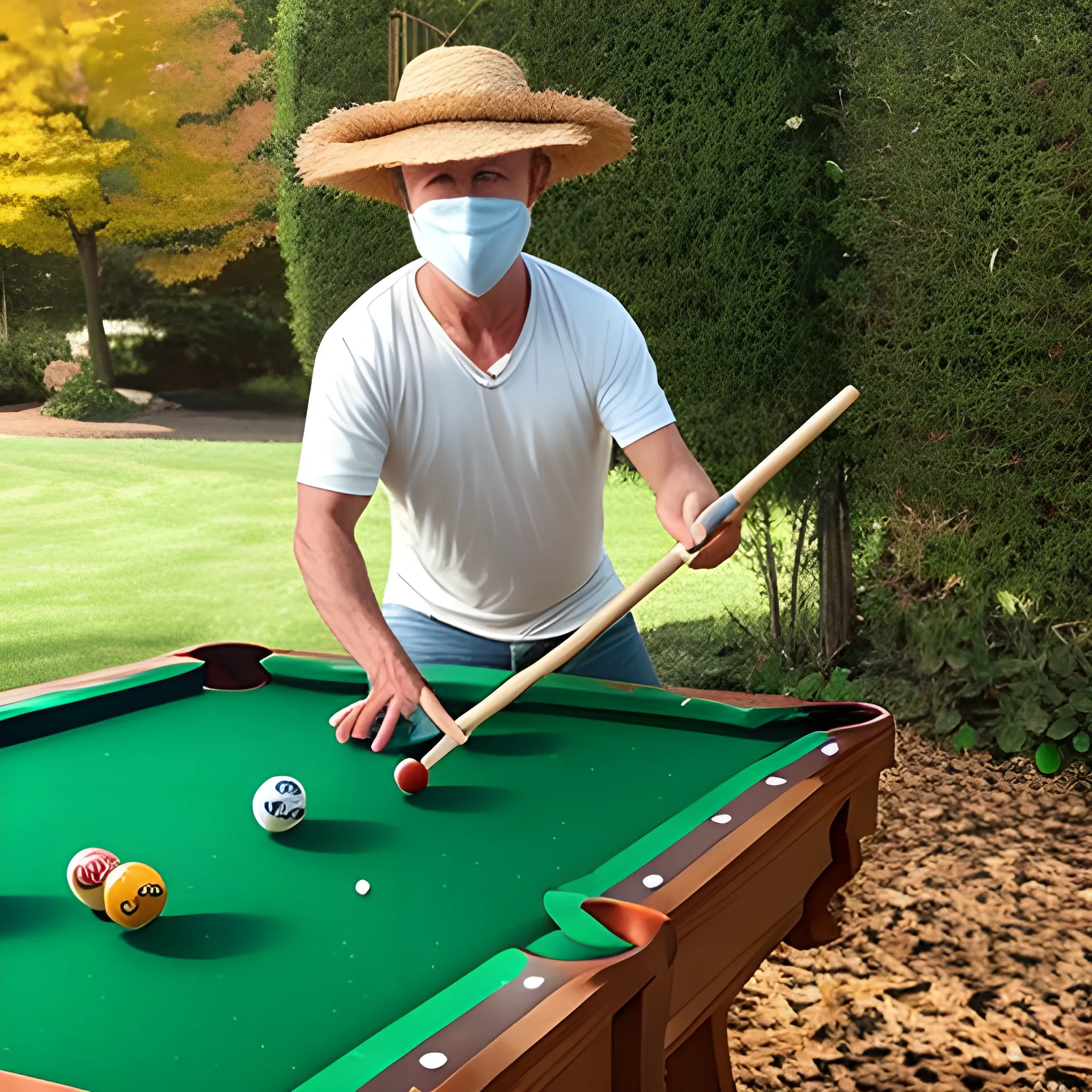 40 year old skinny man raking leaves while wearing a facemask and a straw hat. also likes to play pool 