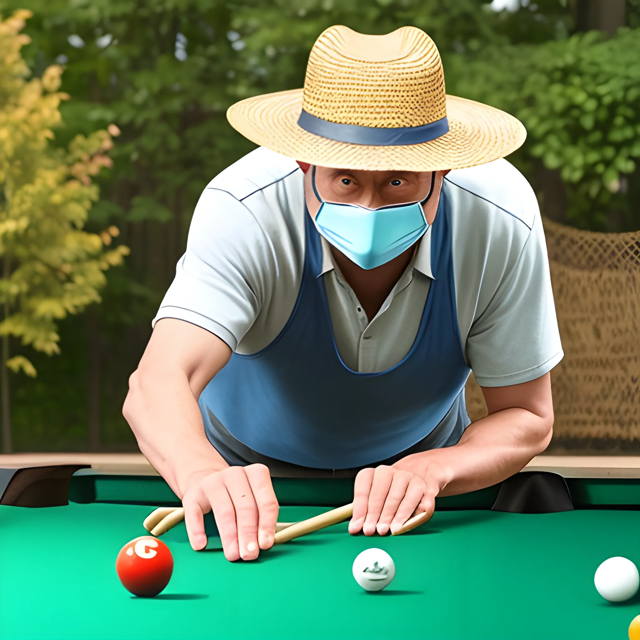 40 year old skinny man raking leaves while wearing a facemask and a straw hat. also likes to play pool 