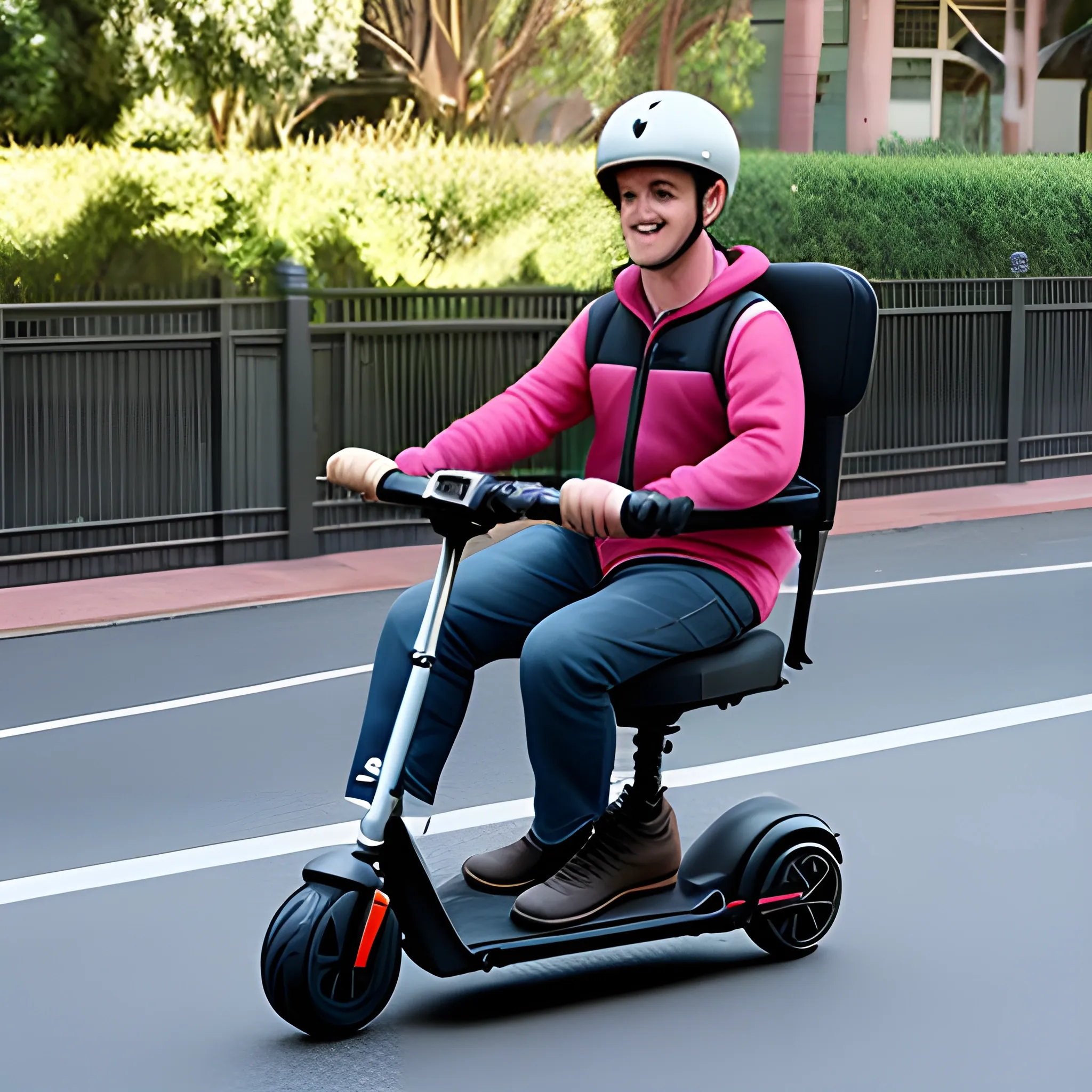 australian dwarf riding an electric scooter whilst carrying an expensive pillow