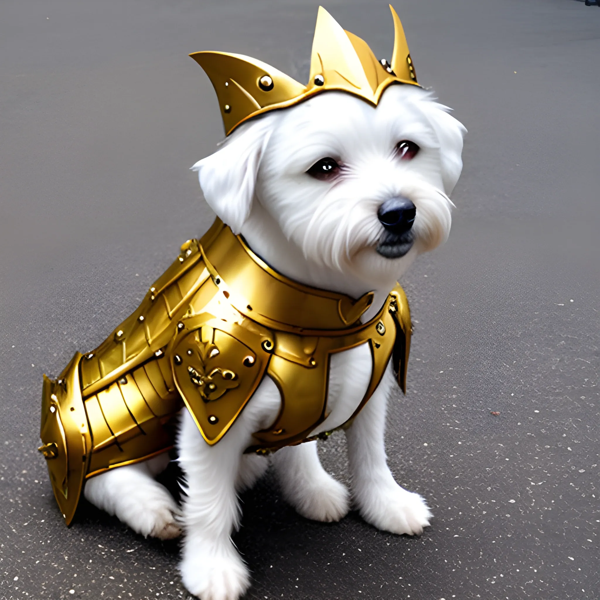 White dog wearing shiny golden armor.