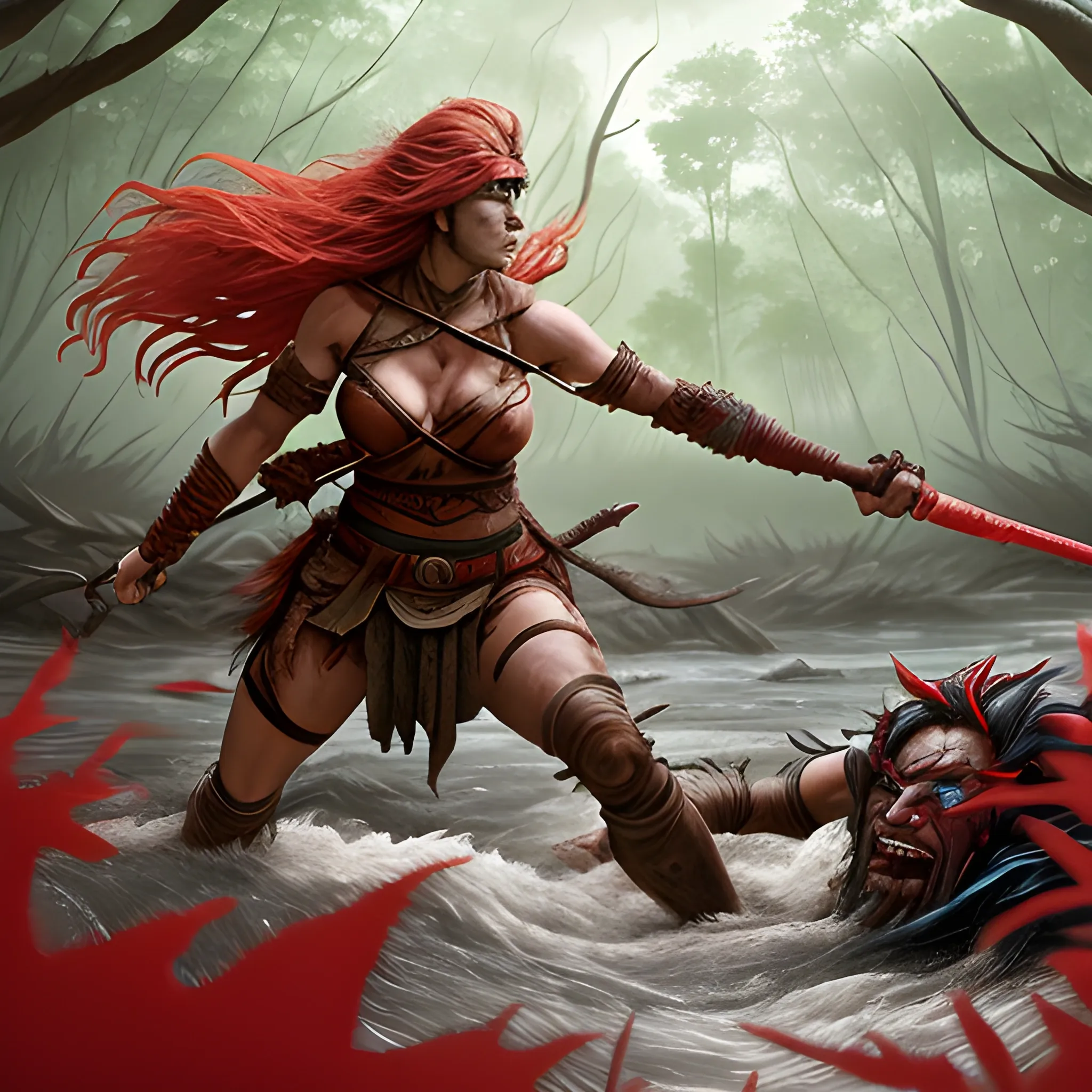 A warrior woman fighting a one-eyed giant, in the forest where a river of reddish water flows.