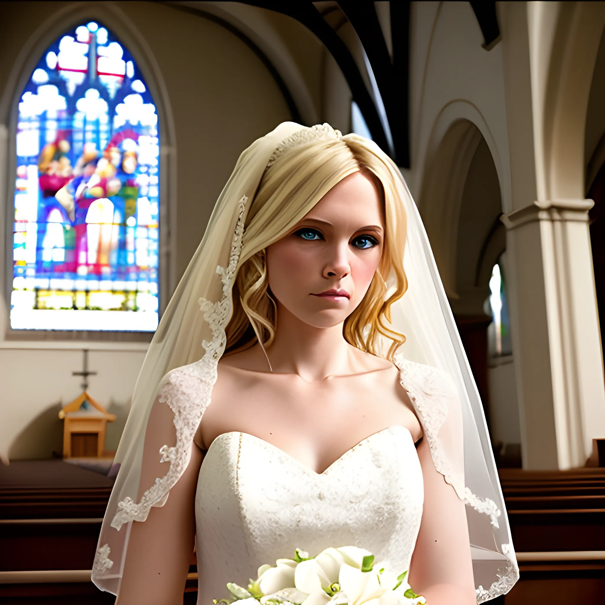 bridal blonde sad in the center of the church