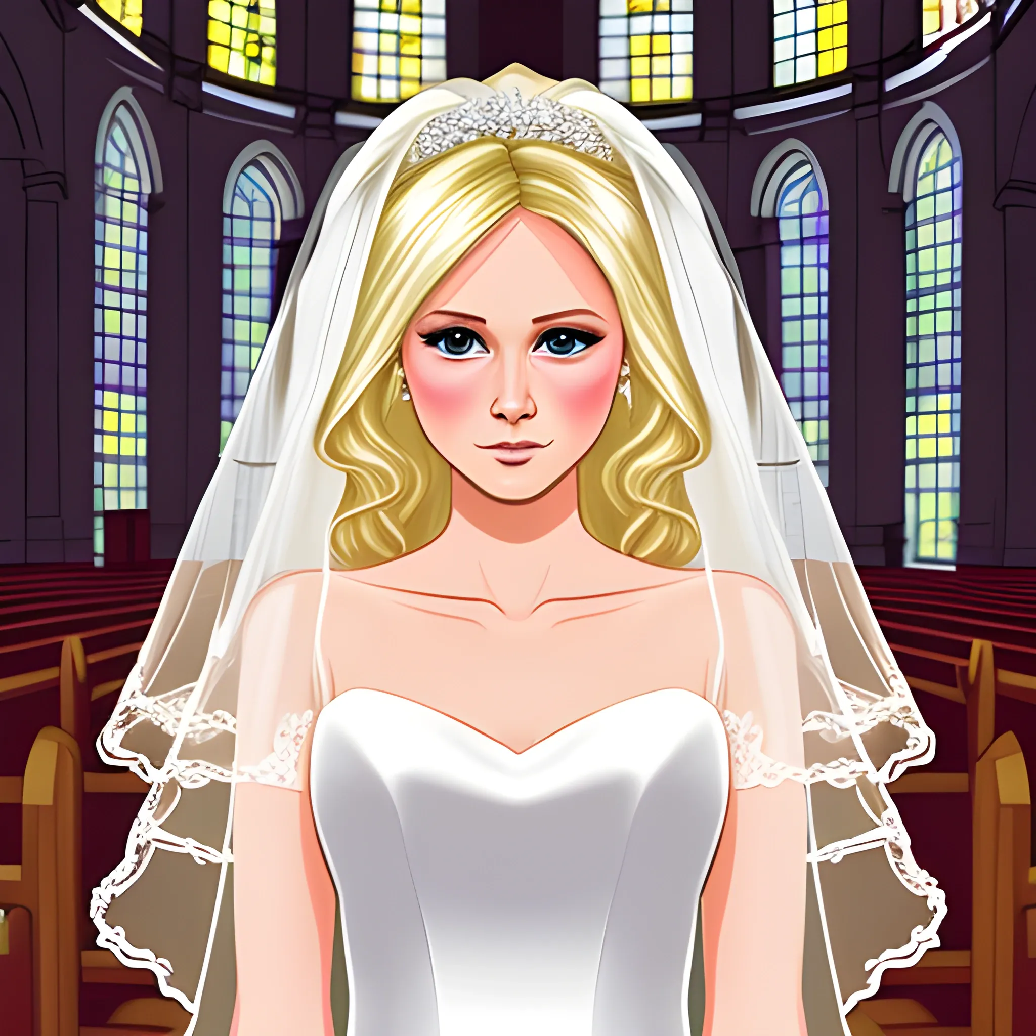 bridal blonde sad in the center of the church, Cartoon