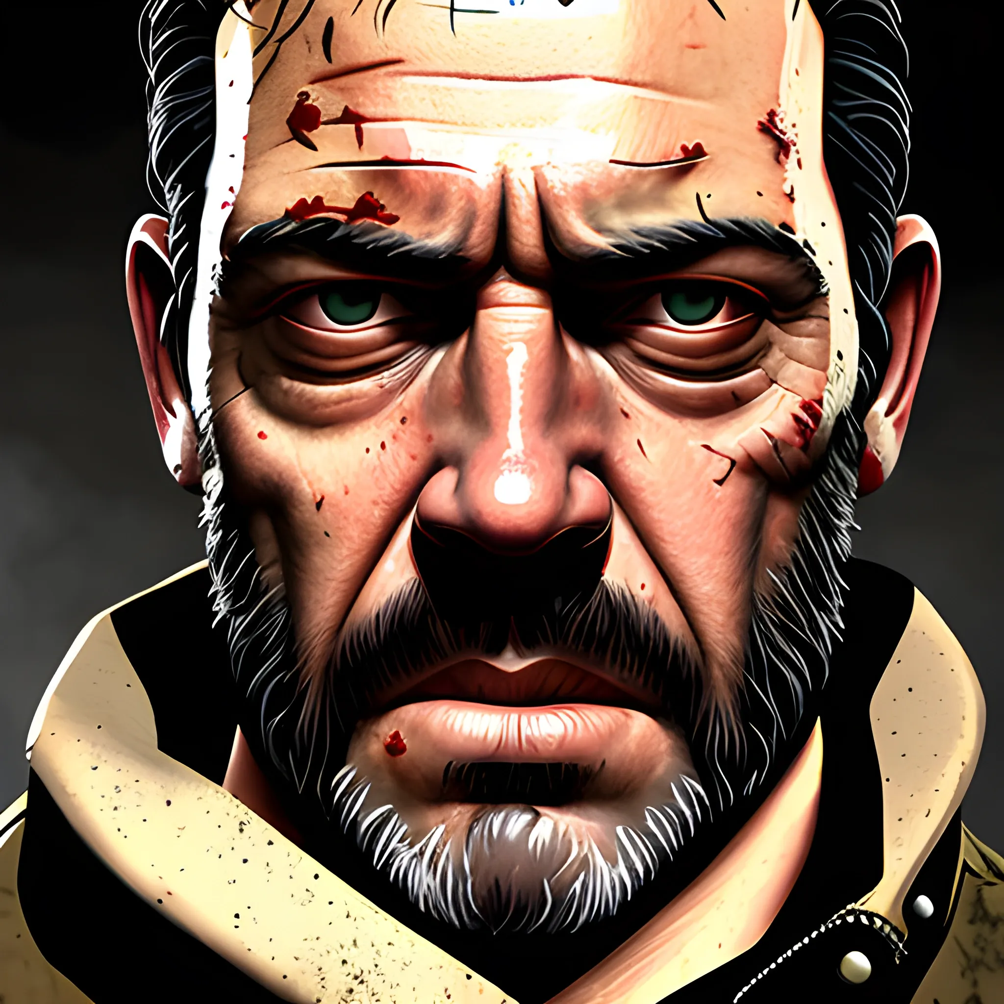 In the style of fallout 1, (masterpiece), (portrait photography), (portrait of Negan from The Walking Dead)