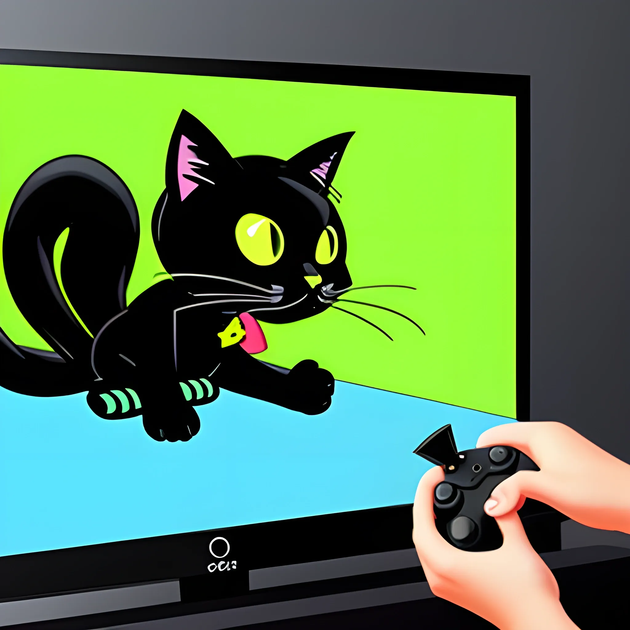 , Cartoon
black cat playing a video-game