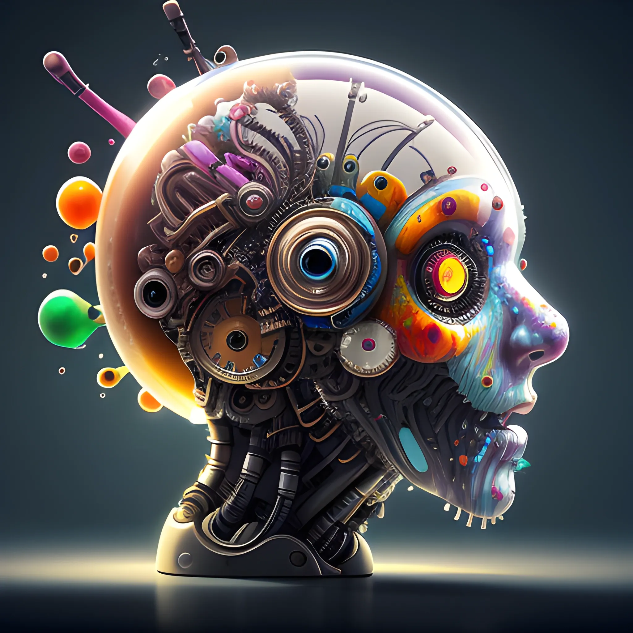 highly detailed robot head, clockwork, transparent, filled with colorful liquid, expressive, abstract, trending on artstation, by ryohei hase