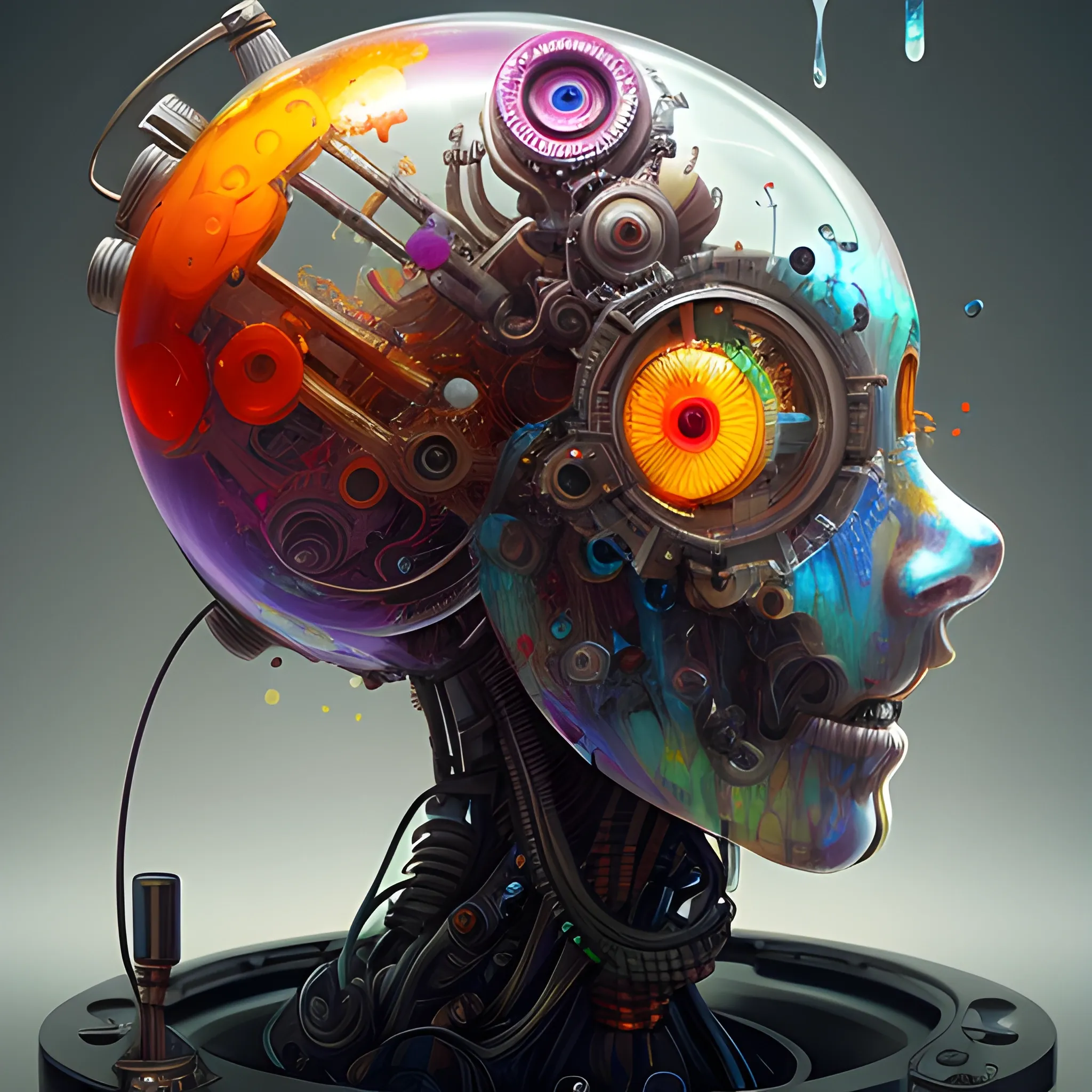 highly detailed robot head, clockwork, transparent, filled with colorful liquid, expressive, abstract, trending on artstation, by ryohei hase