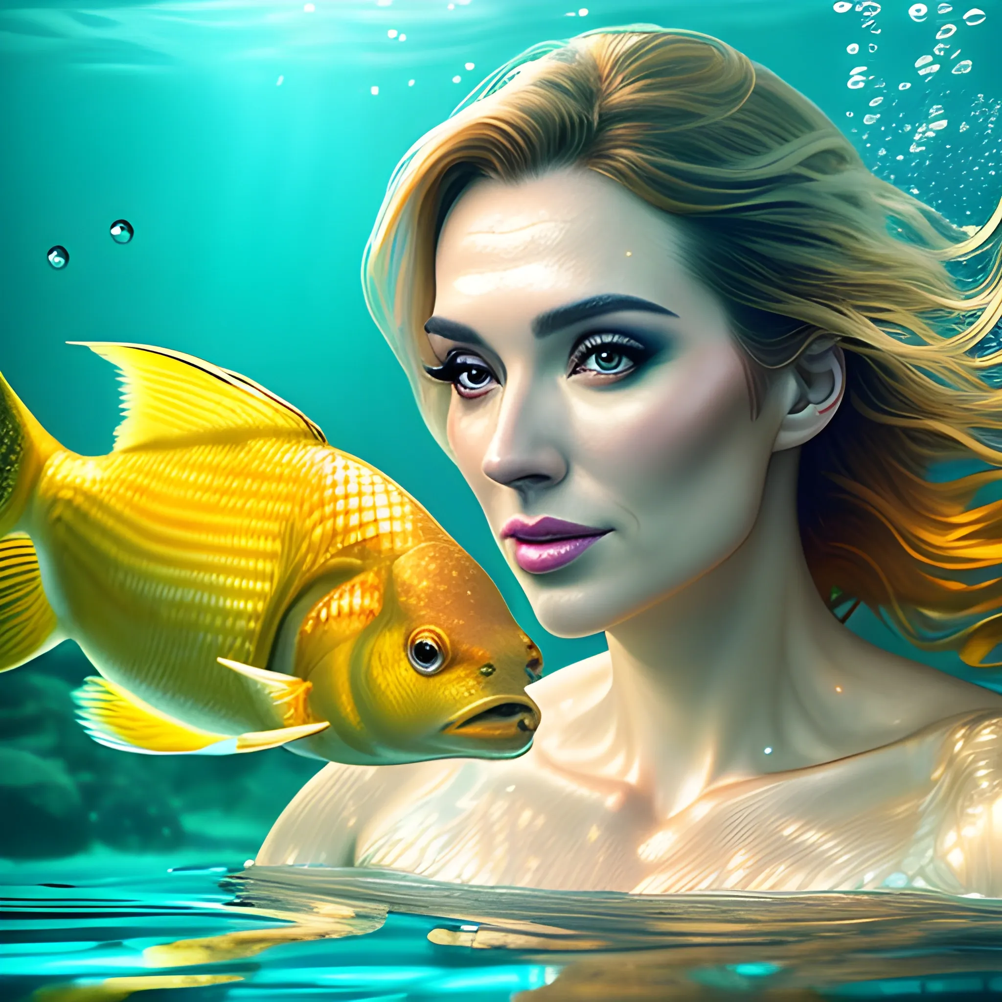 hyper realistic photograph of a girl underwater with school golden fish around, closeup shot dreamy mood, reflection bokeh, lighting on girl's face, i can't believe how beautiful this is, 8k, golden hours lighting --iw 1. 5 --chaos 30 --s 750 --v 5. 1