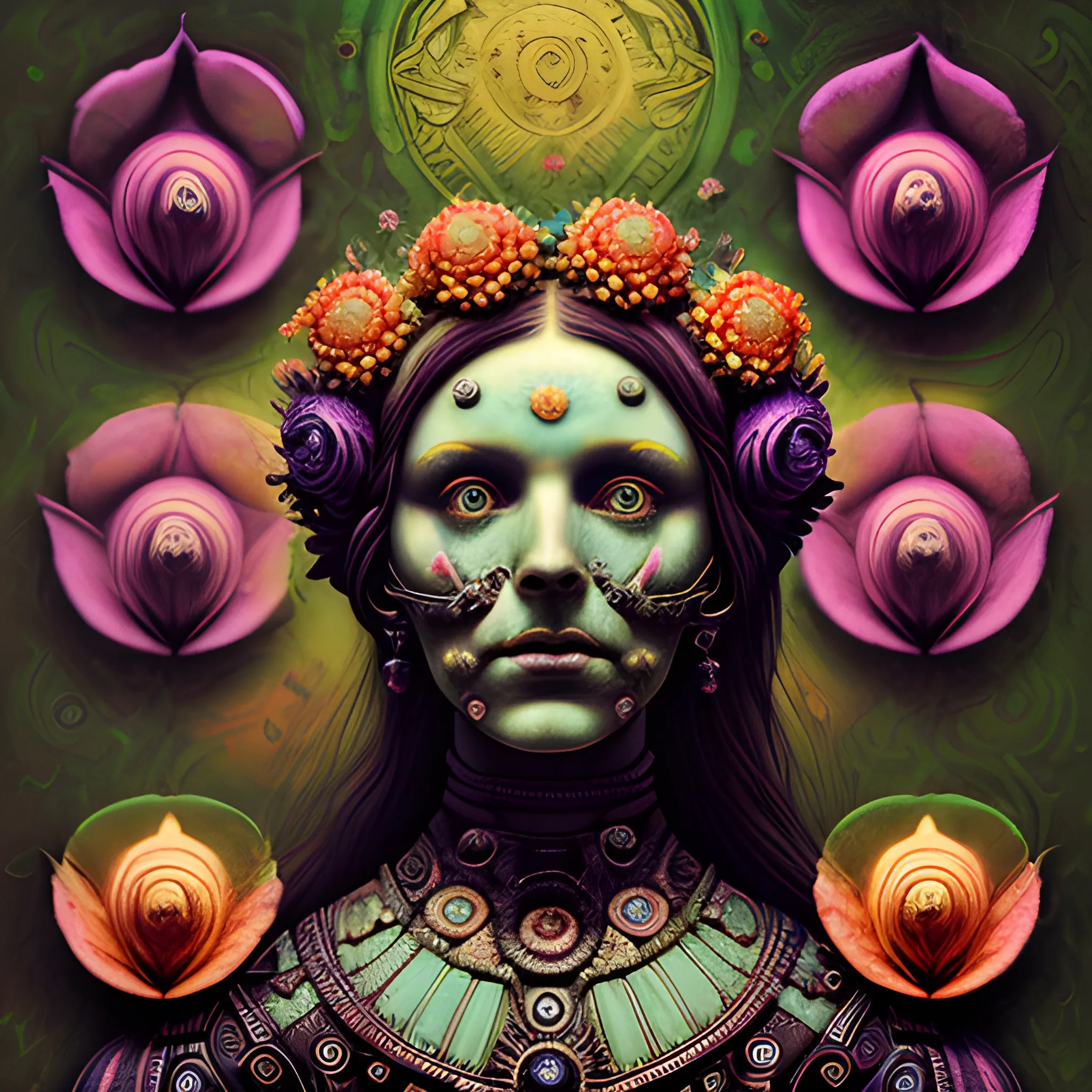 Trippy, Aesthetic Flowers  Goddess :: retro design pattern :: multi-color :: simple --ar 2:3 --quality 2 --s 750 Space marine portrait in the middle of the day, H. R. Giger style but depicted as an oil painting by Rembrandt --ar 2:3 --v 5