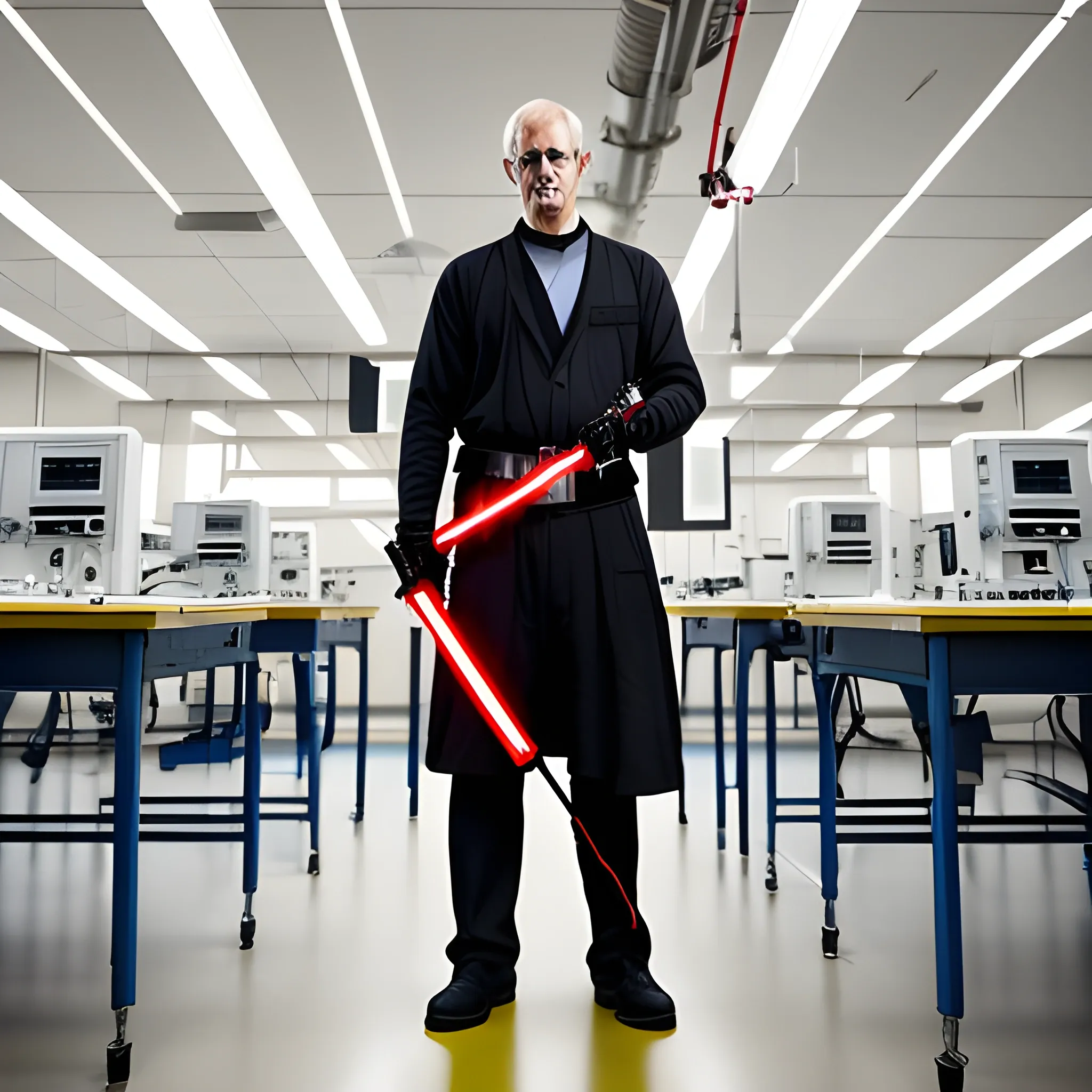 Teacher of Electronics, in a lab class, dark garments, hard looking, wielding a red lightsaber