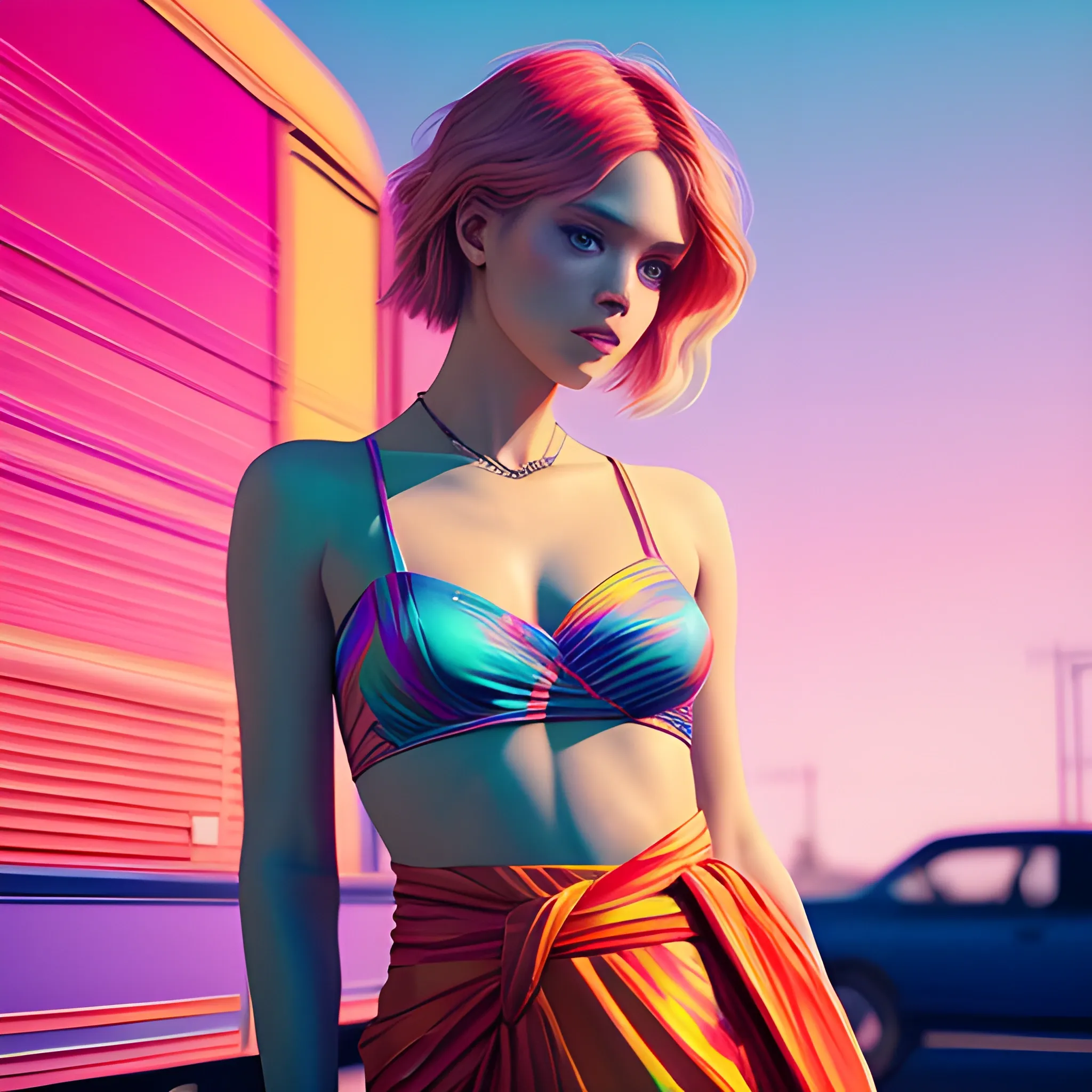 commercial photo the pretty instagram fashion model in the red wrap posing, in the style of colorful geometrics, guy aroch, unreal engine 5, helene knoop, glowing pastels, bold lines, bright colors, sun-soaked colours, Fujifilm X-T4, Sony FE 85mm --ar 900:1600 --s 750 --style raw --v 5. 1, lofi hiphop vaporwave late night highway vibe photoreal intricate detail
