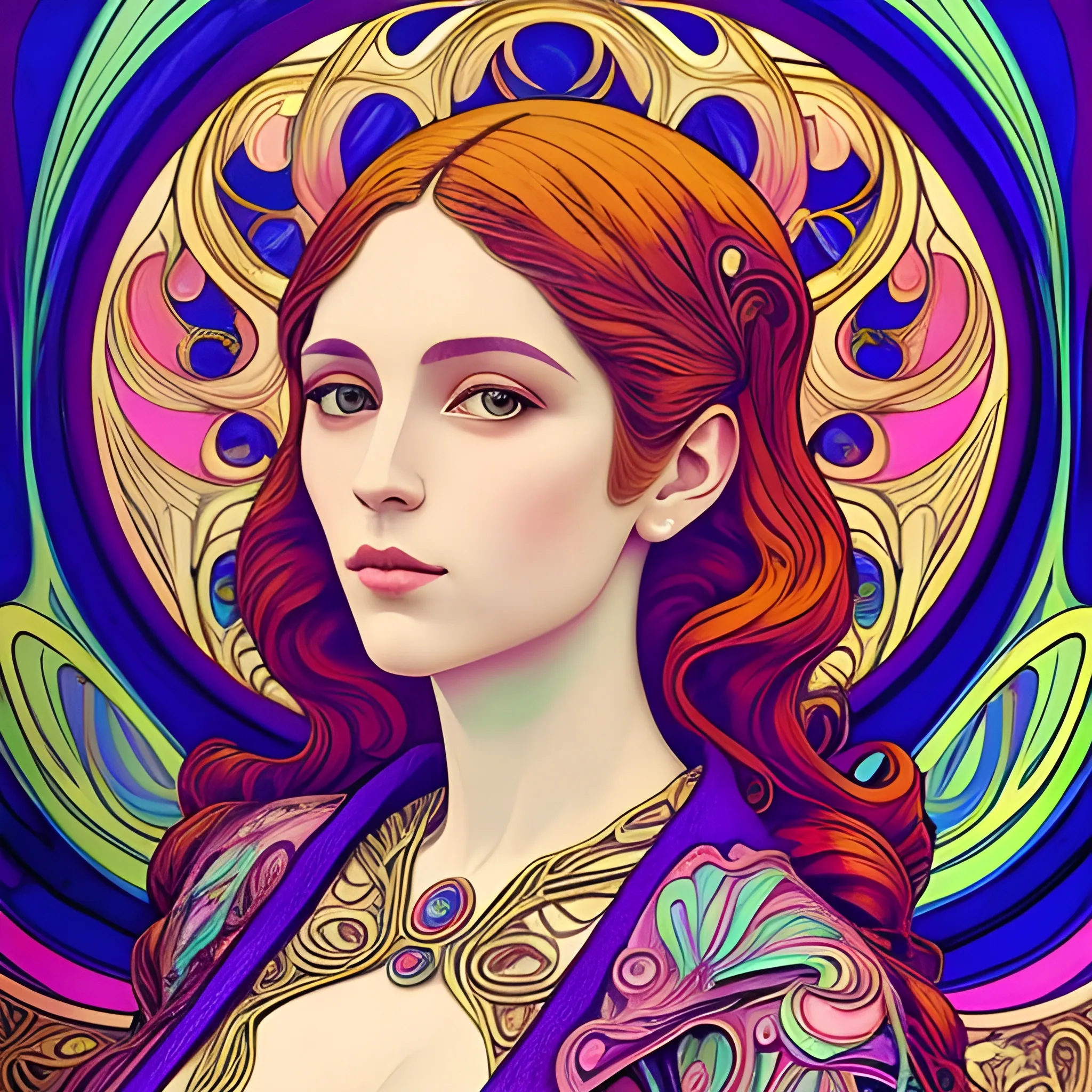 Art Nouveau painting, true aesthetics, stylish fashion shot of a beautiful woman posing in front of a psychedelic art nouveau style. Highly detailed, highest quality