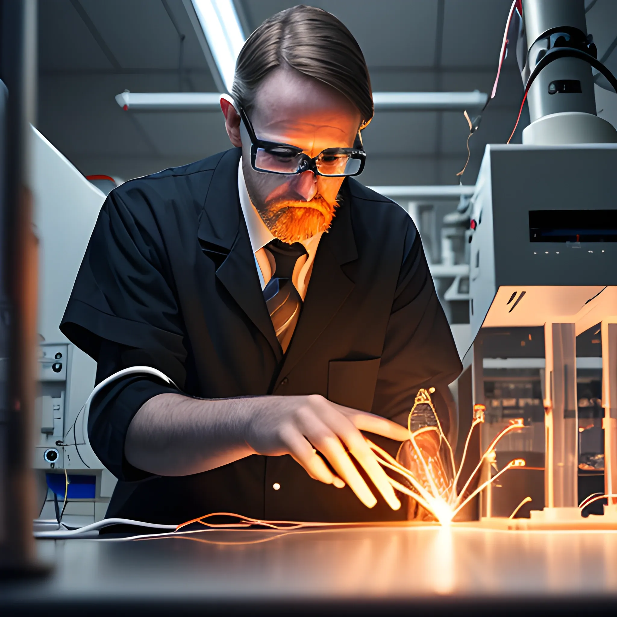 Teacher of Electronics, in a lab class, poorly illuminated laboratory, dark garments, hard looking, throwing lightnings with his hands