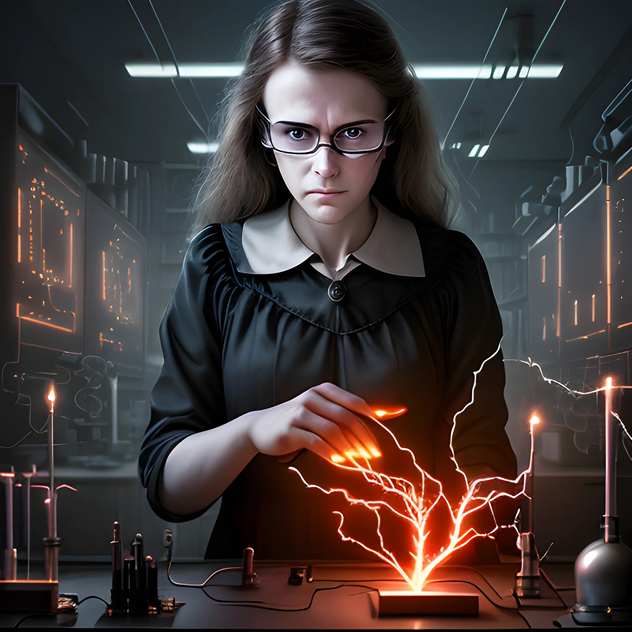 Teacher of Electronics, in a poorly illuminated laboratory, dark garments, hard looking, throwing lightnings with her hands, Fantasy