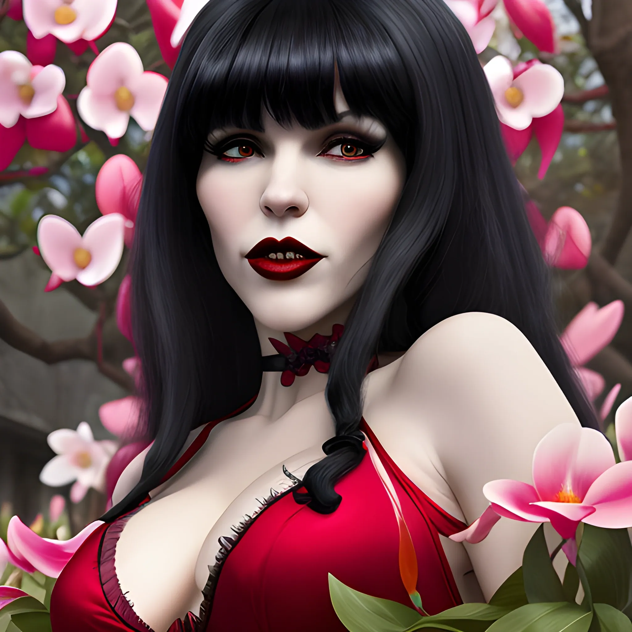 "Vampirella, absurdres, 4k UHD, cabello rojo, senos pequeños, fondo de jardín, flores, magnolias, manzano, retrato de primer plano, mostrando colmillos.