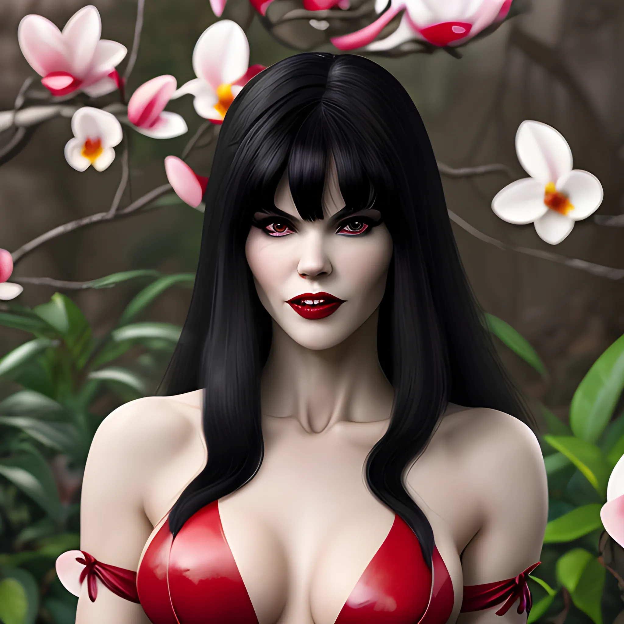 "Vampirella,  4k UHD, cabello rojo, senos pequeños, fondo de jardín, flores, magnolias, manzano, retrato de primer plano, mostrando colmillos.