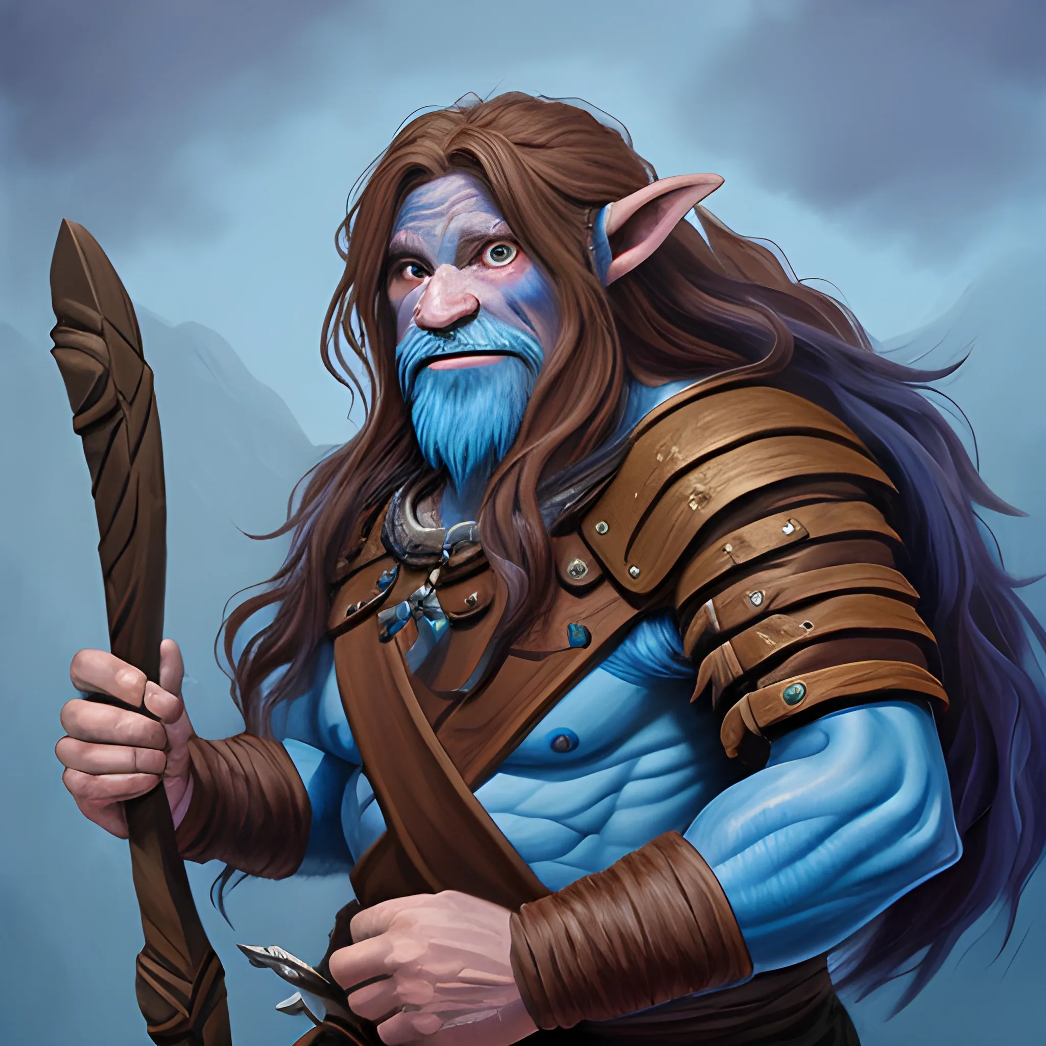 DND firbolg, friendly, blue skin, long brown hair, fighter
, Oil Painting